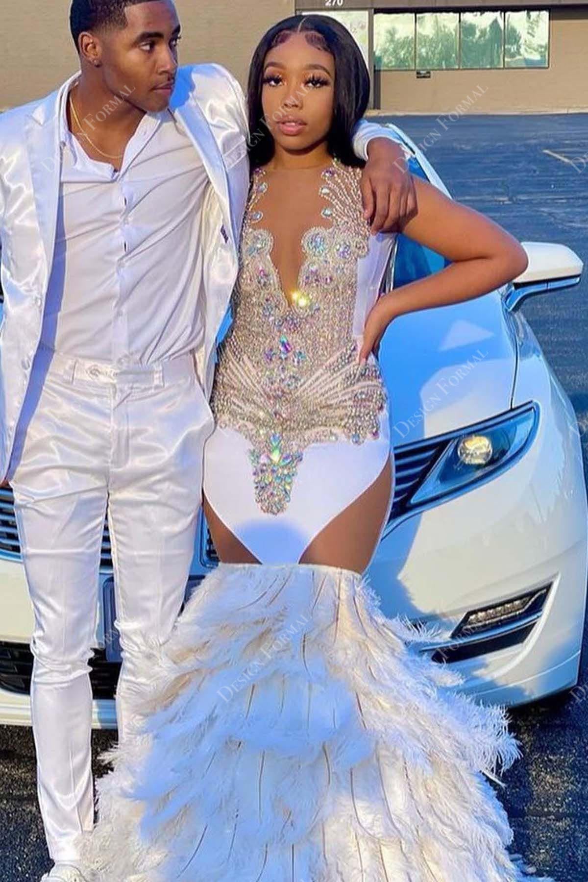 rhinestones sleeveless feathered trumpet prom dress