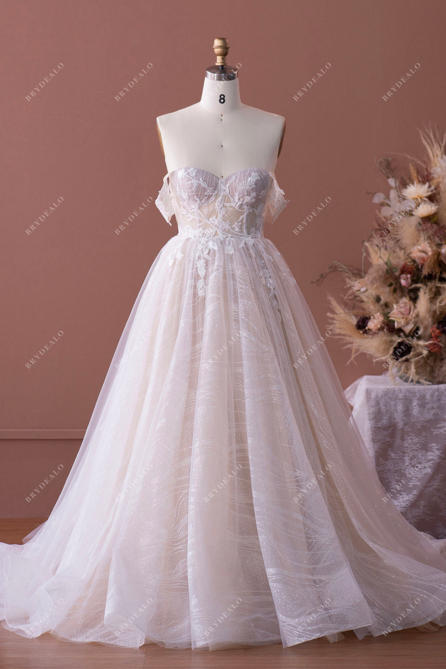 Romantic Lace Champagne Off-Shoulder Ball Gown Bridal Dress, Light Ivory
