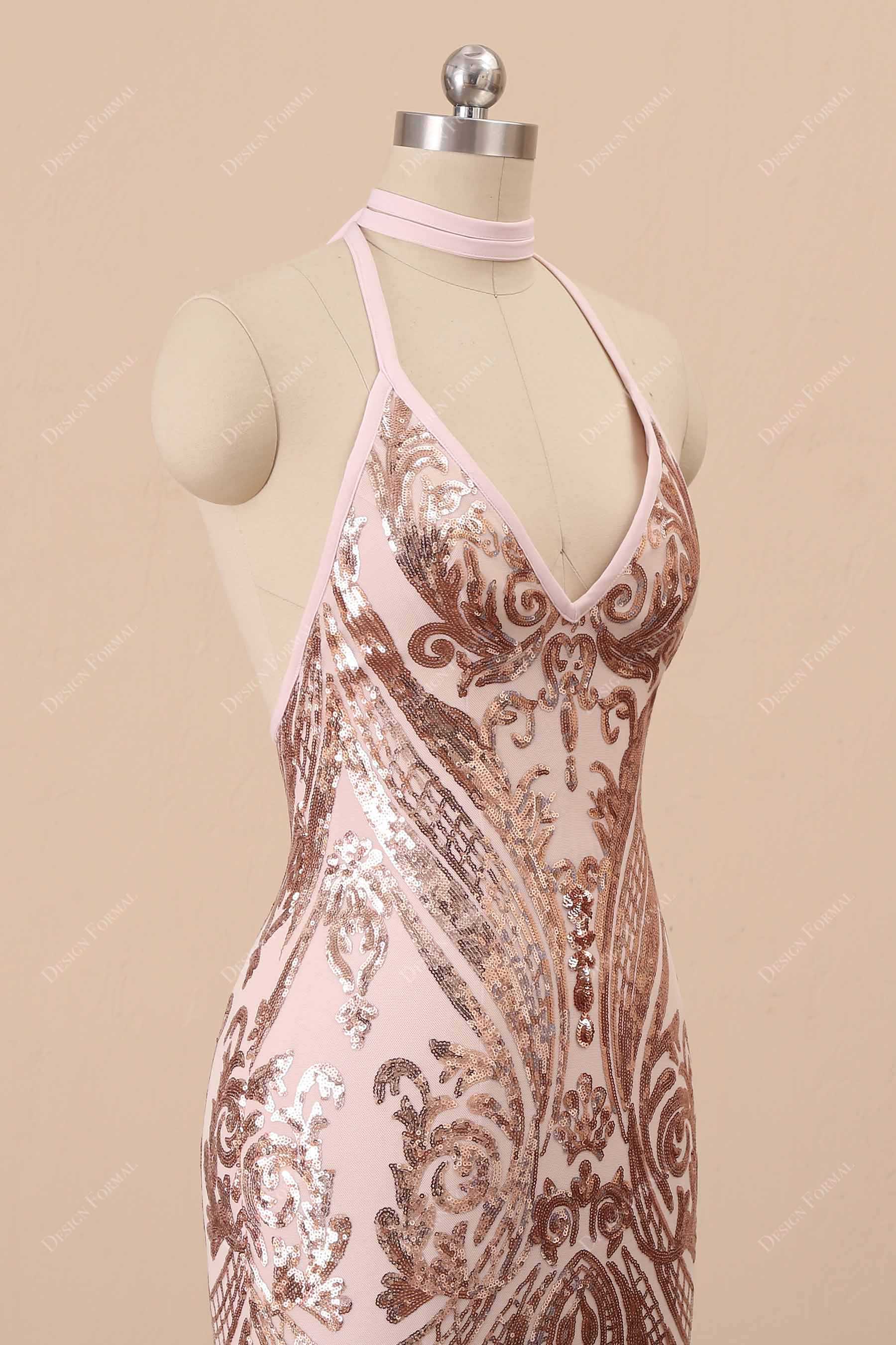 rose-gold-sequin-halter-V-neck-bodice