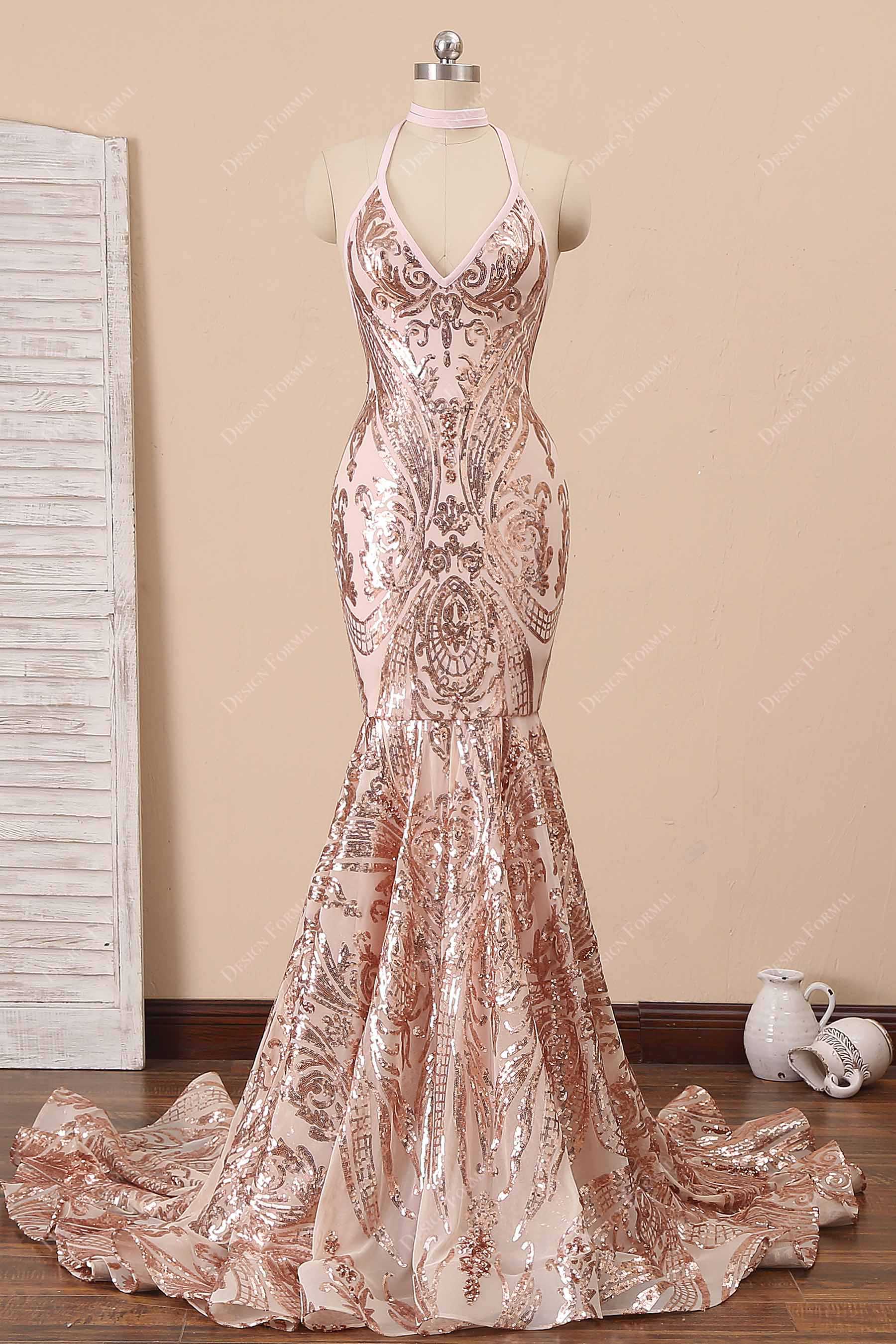 Rose Gold Sequin Halter Mermaid Unique Prom Dress Rose Gold Sequin Halter Mermaid Unique Prom Dress