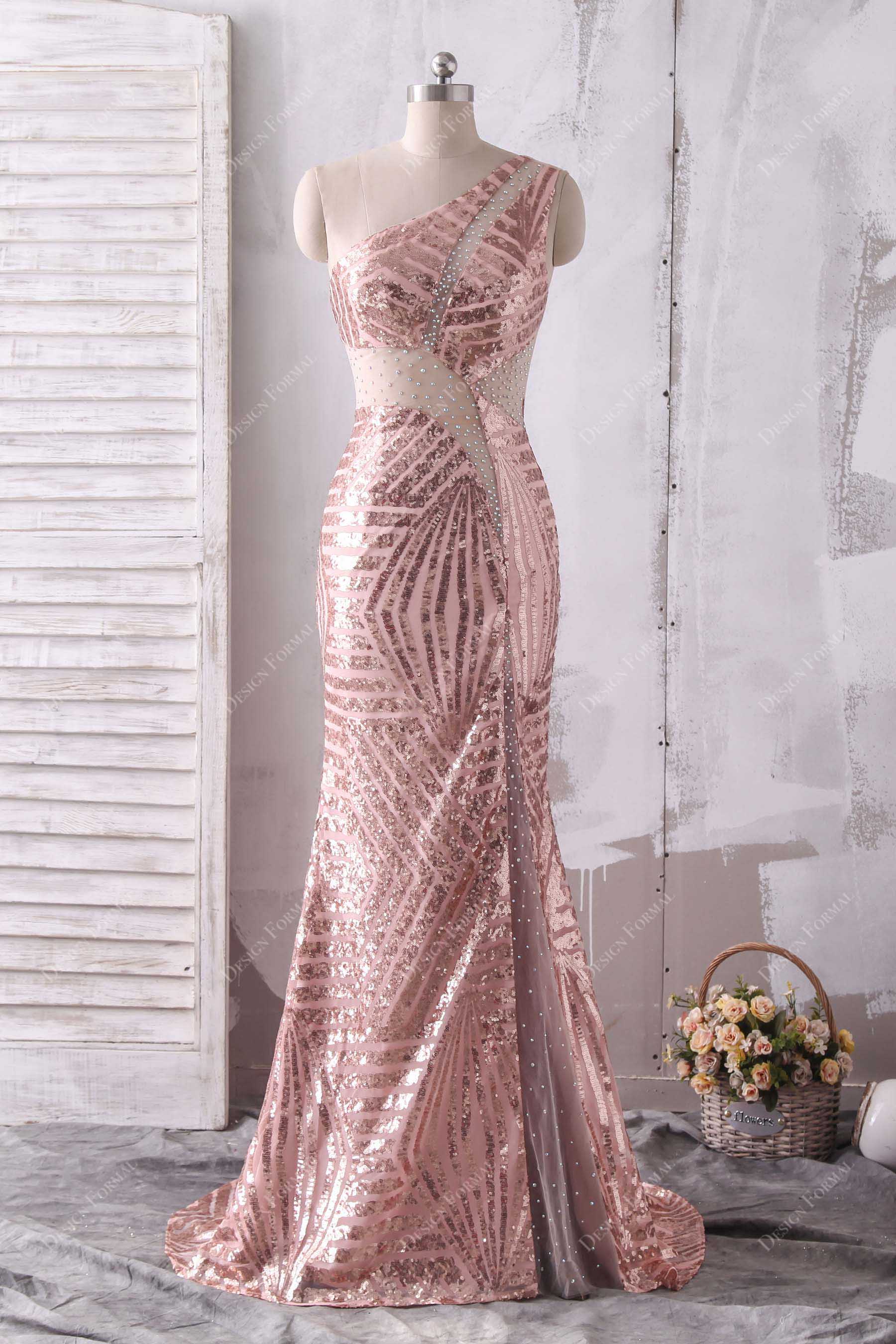 Rose Gold Sequin One-strap Unique Cutouts Mermaid Prom Gown Rose Gold Sequin One-strap Unique Cutouts Mermaid Prom Gown