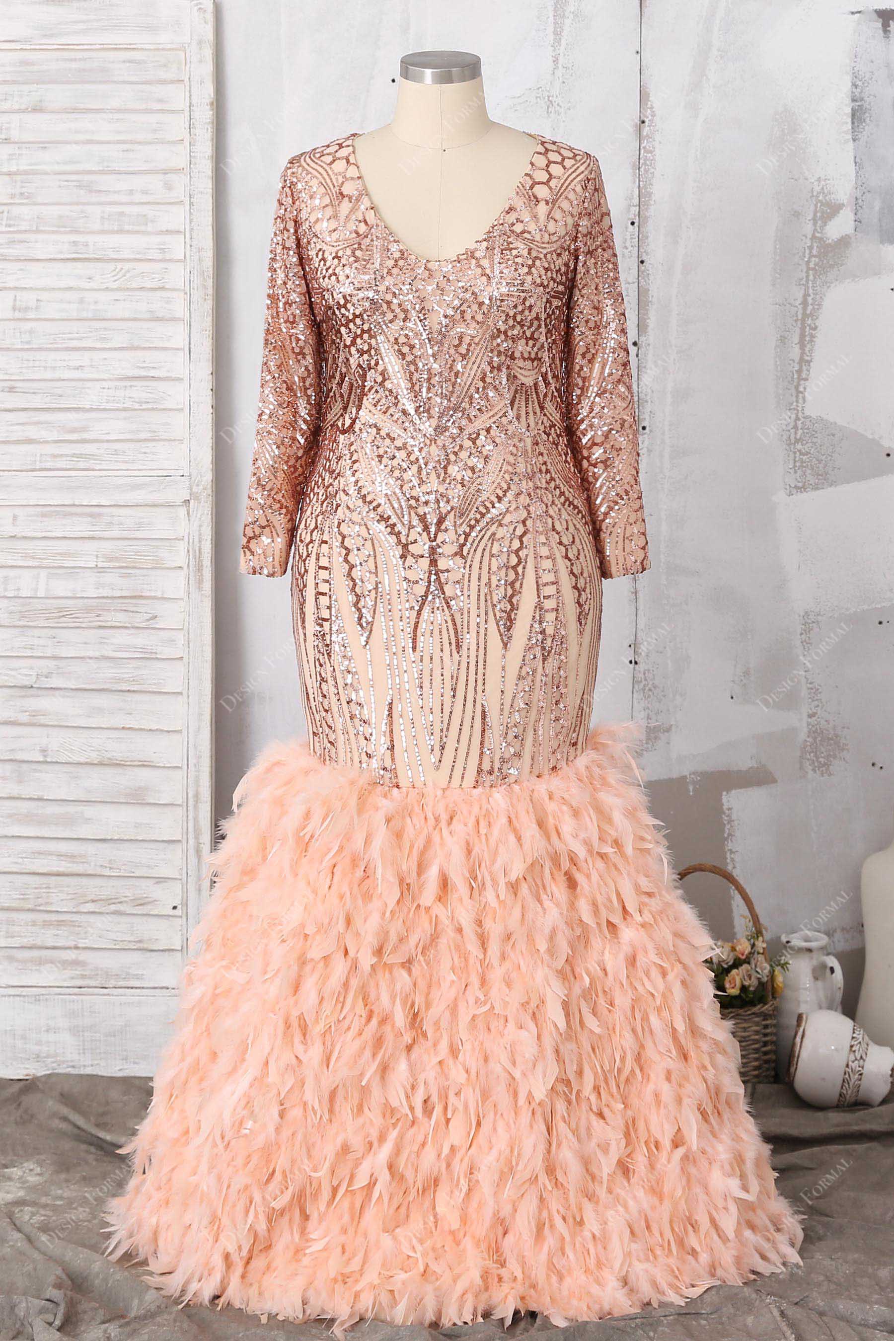 Rose Gold Unique Sequin Feather Plus Size Trumpet Prom Dress Rose Gold Unique Sequin Feather Plus Size Trumpet Prom Dress
