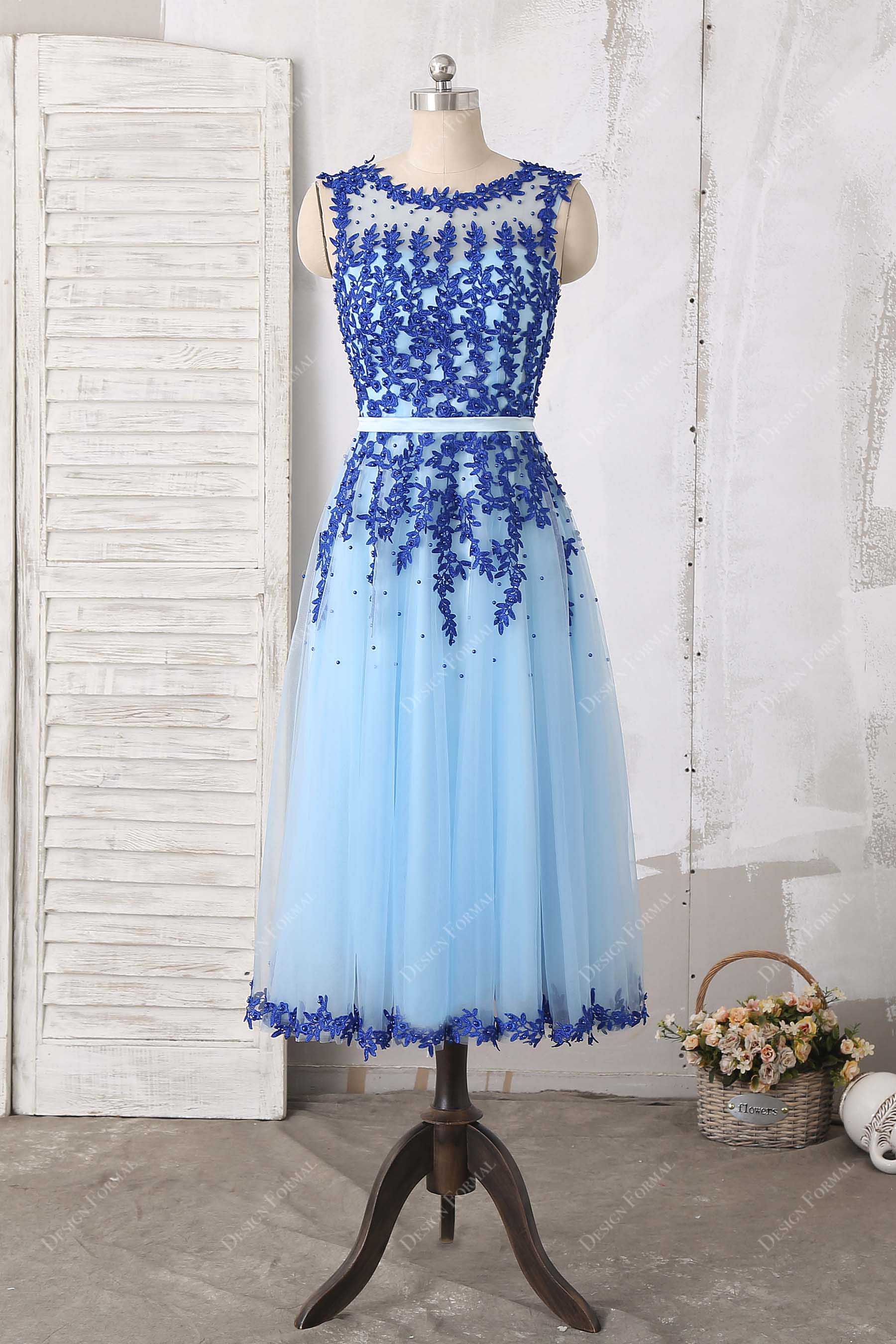 Blue Illusion Neck Lace Tea Length Tulle Cocktail Dress Blue Illusion Neck Lace Tea Length Tulle Cocktail Dress