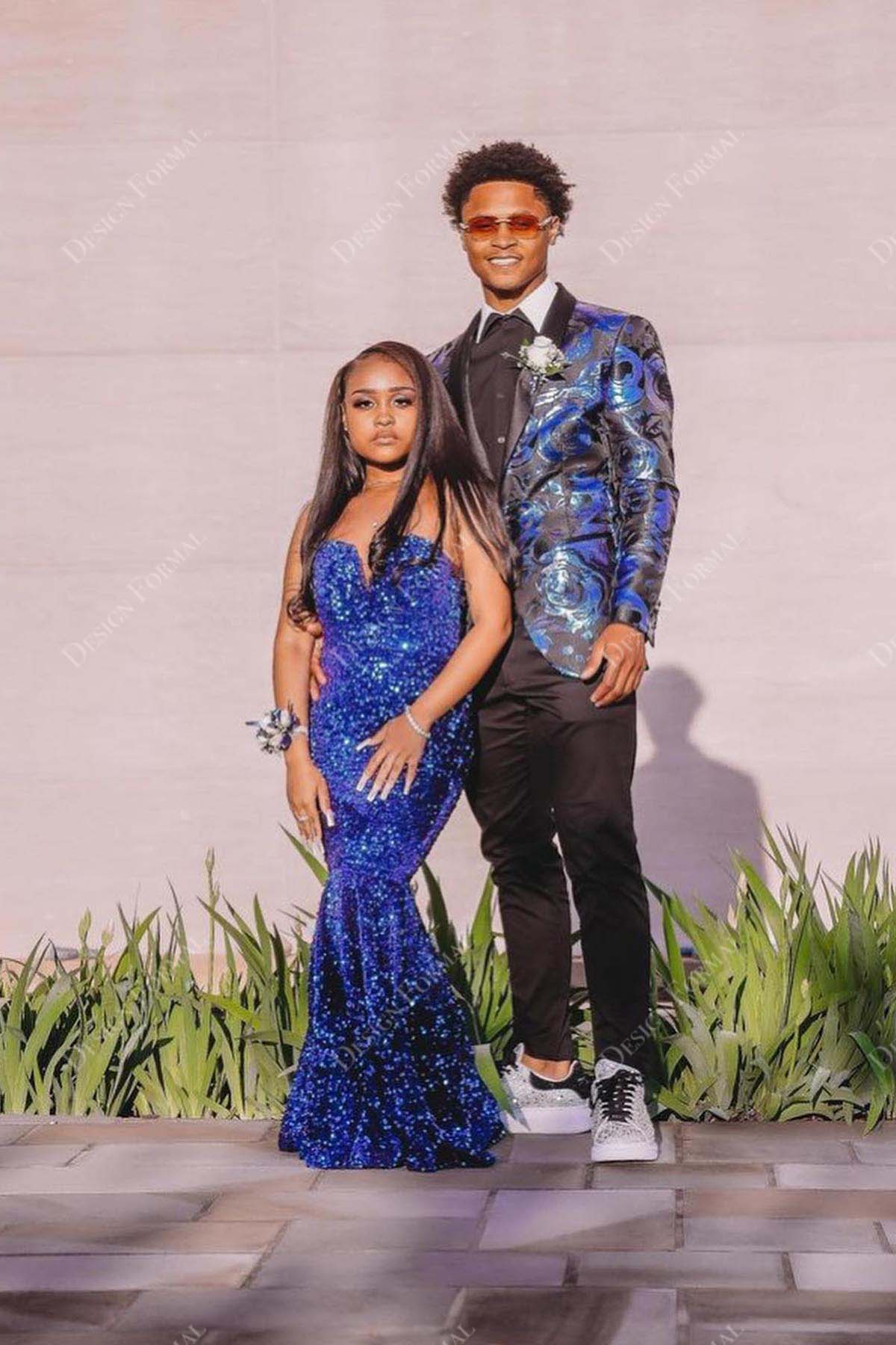 royal blue glitter strapless sweetheart mermaid floor length prom dress