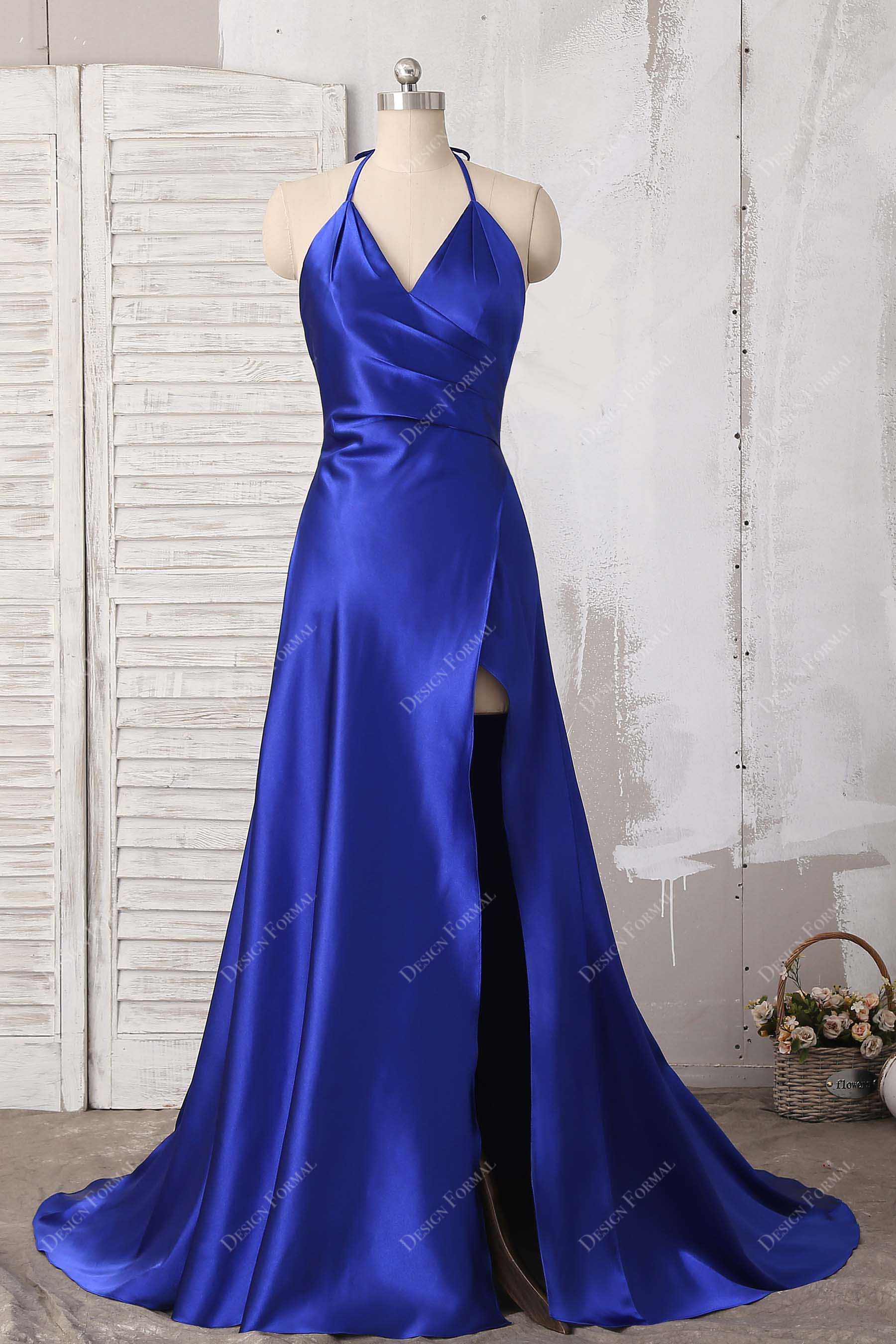 Royal Blue Satin Halter Thin Straps Sexy Slit Simple A-line Prom Dress Royal Blue Satin Halter Thin Straps Sexy Slit Simple A-line Prom Dress