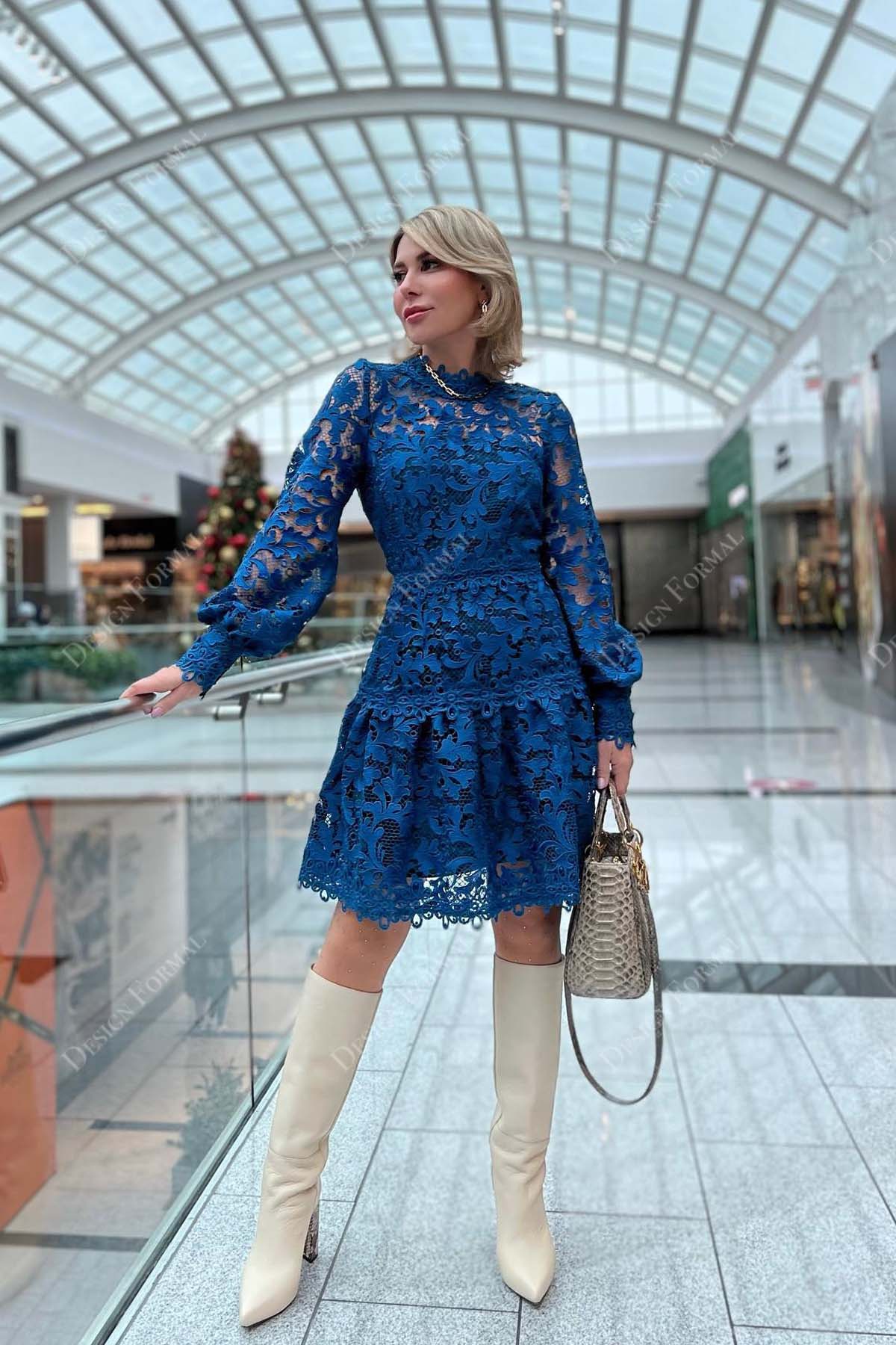 royal blue lace illusion neck bell sleeves knee length prom formal dress