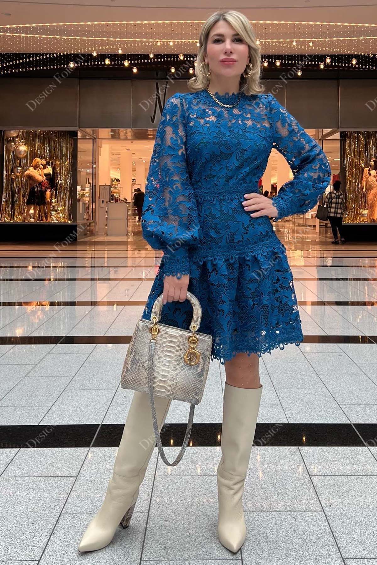 royal blue lace illusion bell sleeves knee length prom formal dress