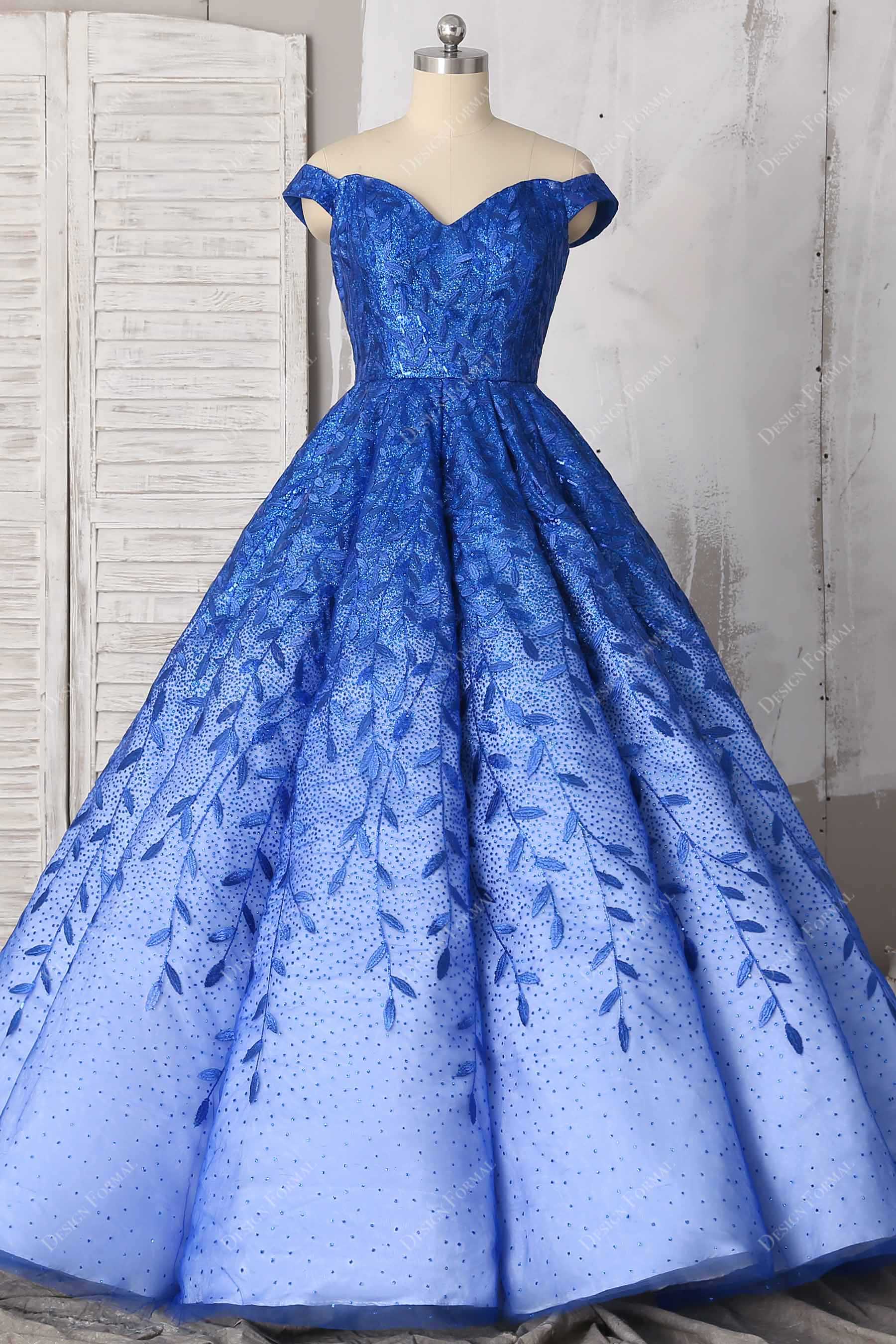 off shoulder ball gown royal blue gown