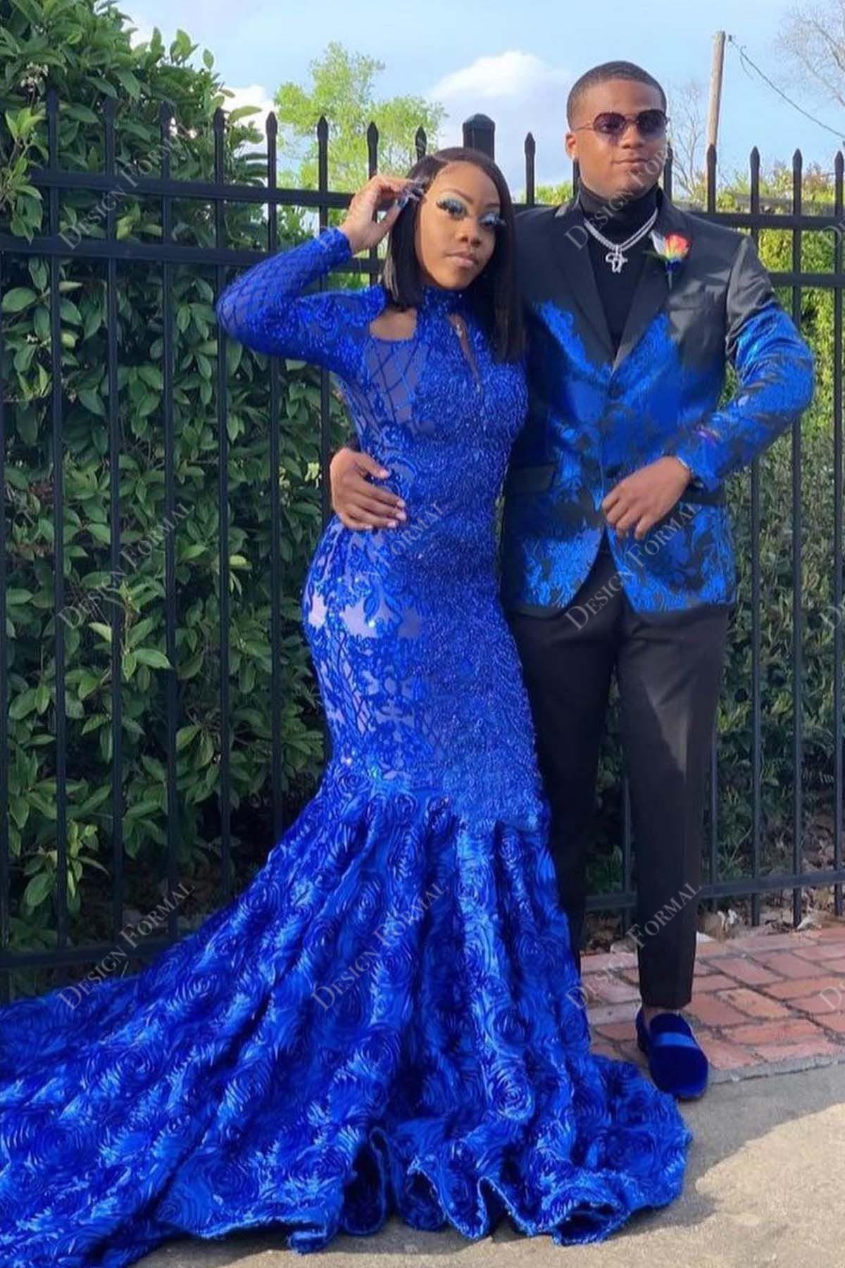 royal blue sequin long sleeves 3D roses mermaid prom gown