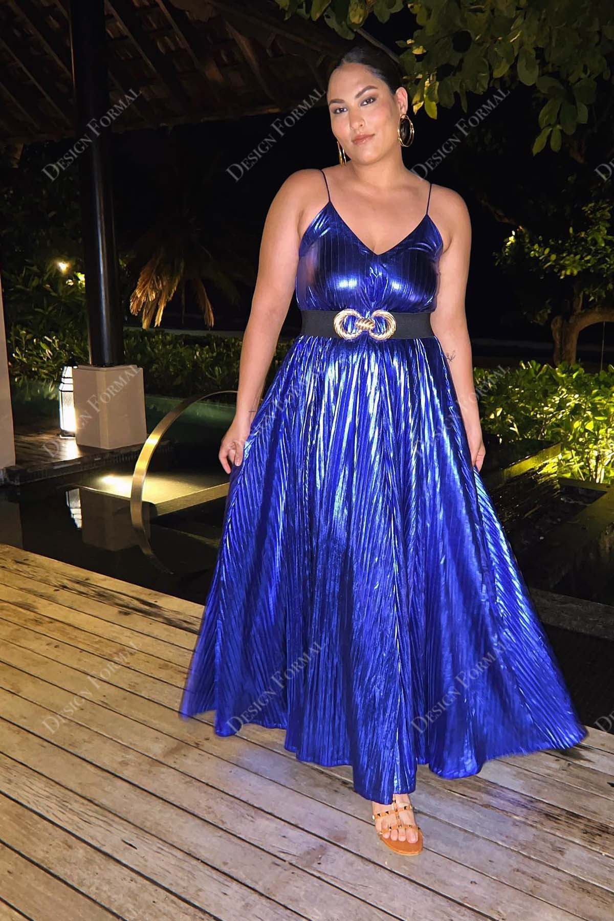 Royal Blue Pleated Metal Ankle Length Designer Prom Dress Royal Blue Pleated Metal Ankle Length Designer Prom Dress