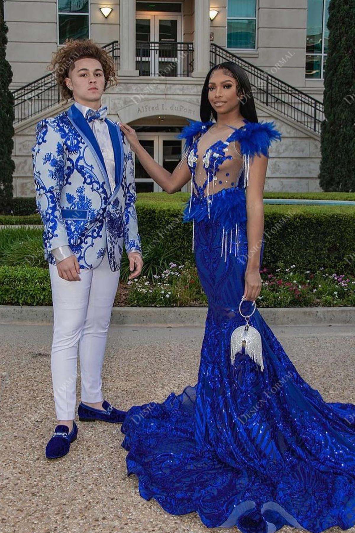 royal blue sequin feather sheer mermaid long train prom dress