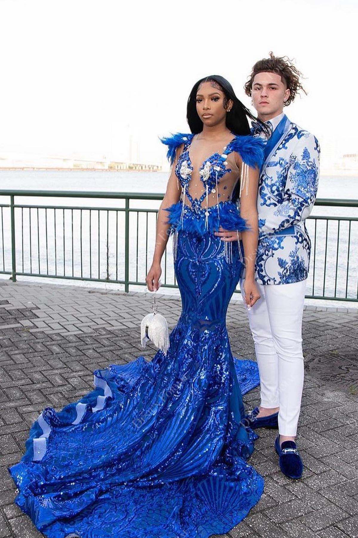 Royal Blue Sequin Feather Sheer Mermaid Made-to-Order Prom Dress