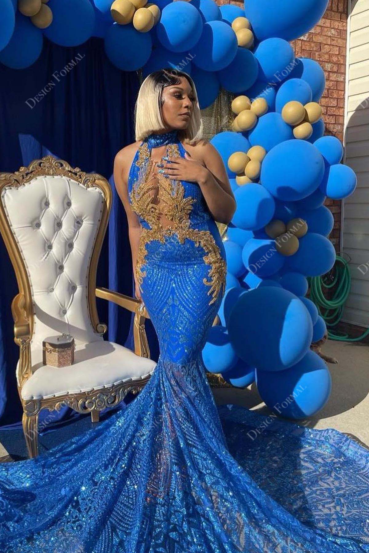 gold appliqued royal blue sequin sleeveless long train mermaid prom dress