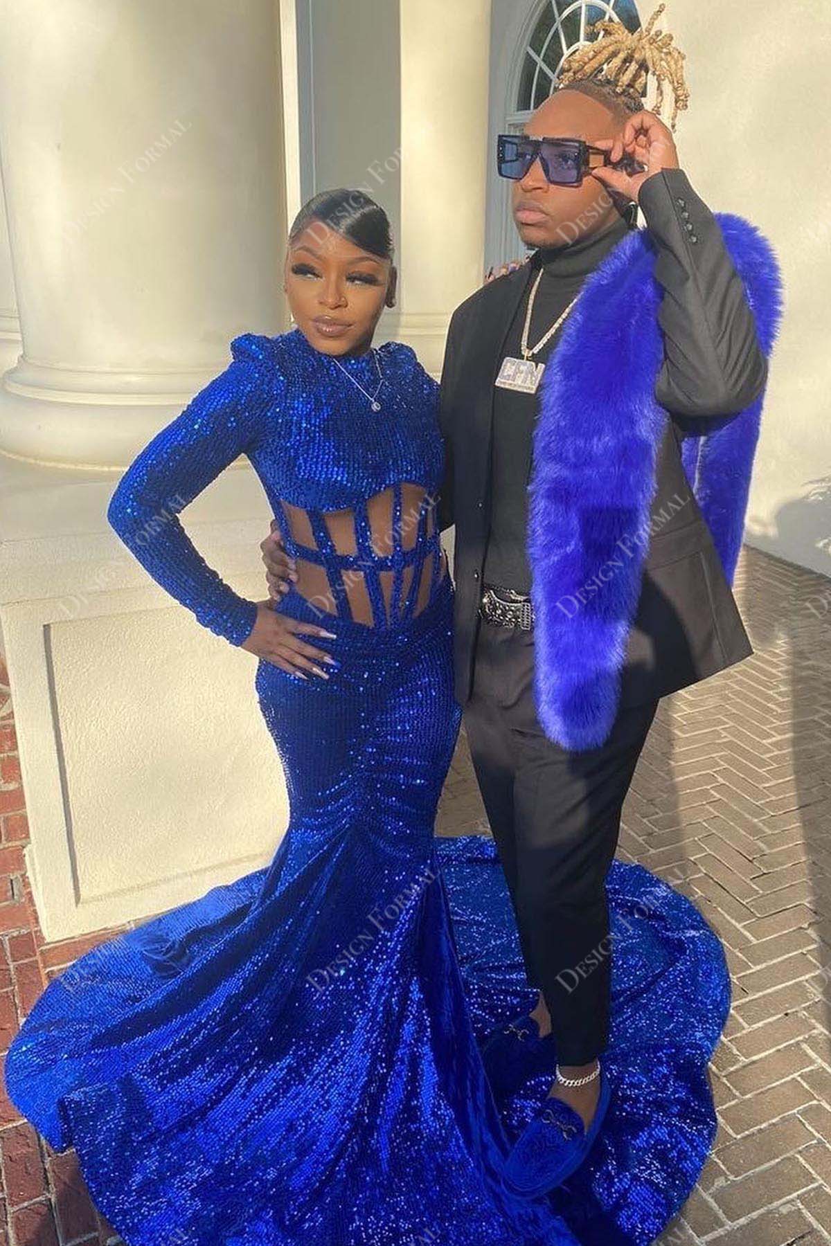 royal blue sequin sheer high neck mermaid long train prom dress