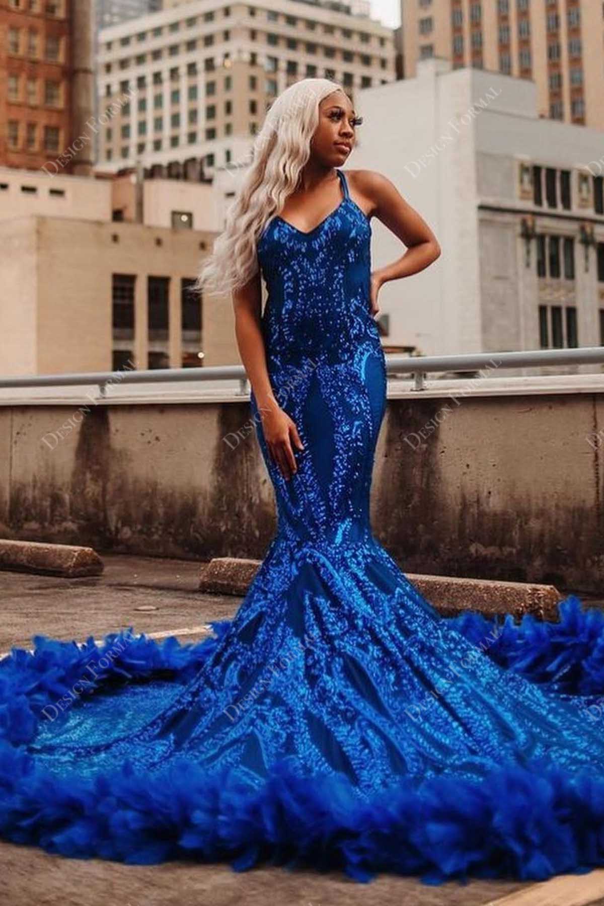 royal blue unique sequin feathered trumpet prom dress