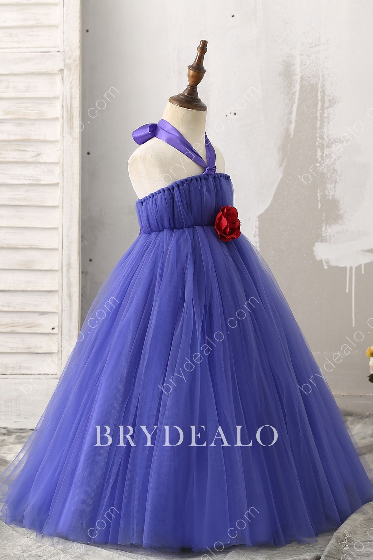 Ruby 3D Rose Floor Length Flower Girl Wedding Ball Gown