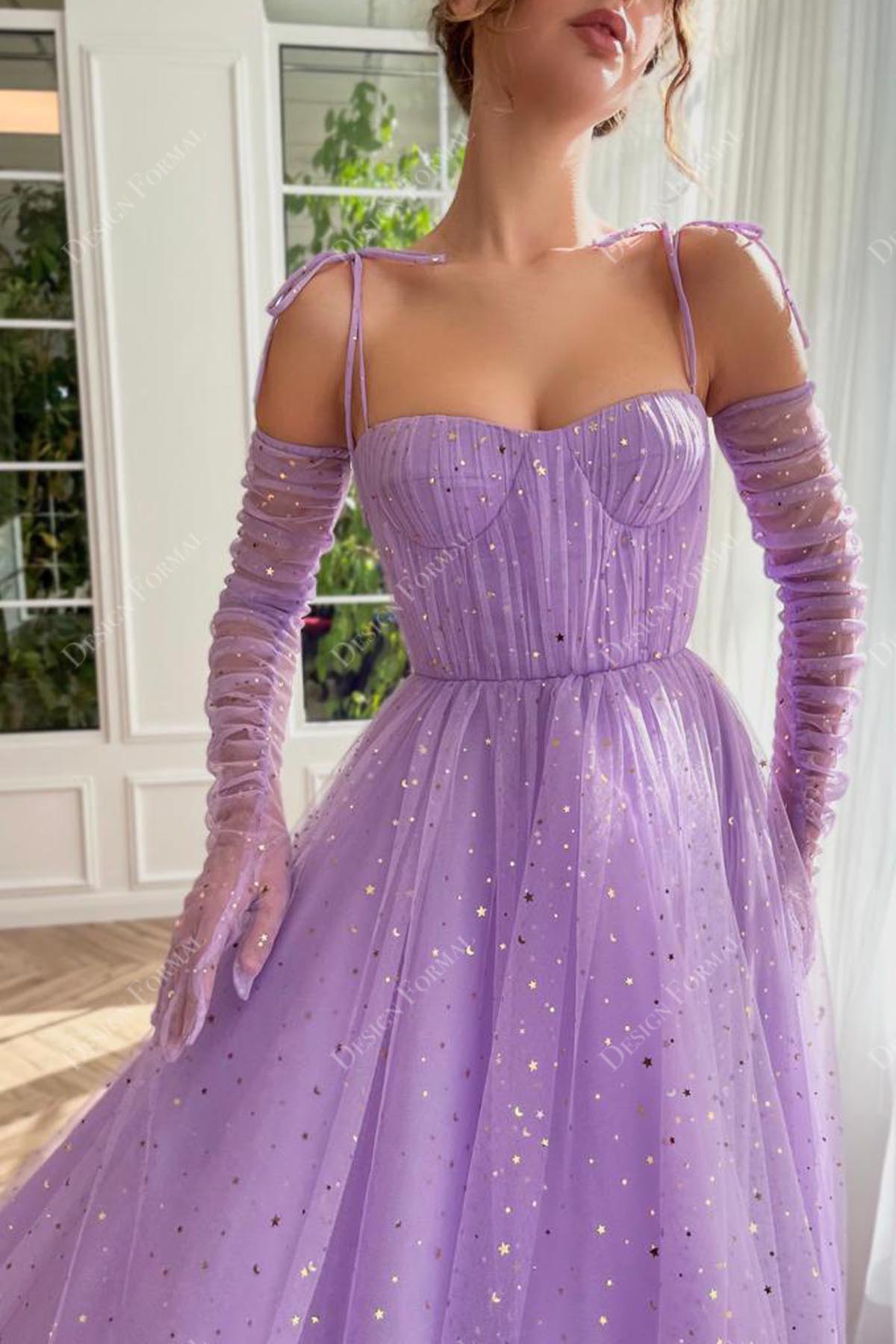 ruched corset lilac tulle shoulder tie dress