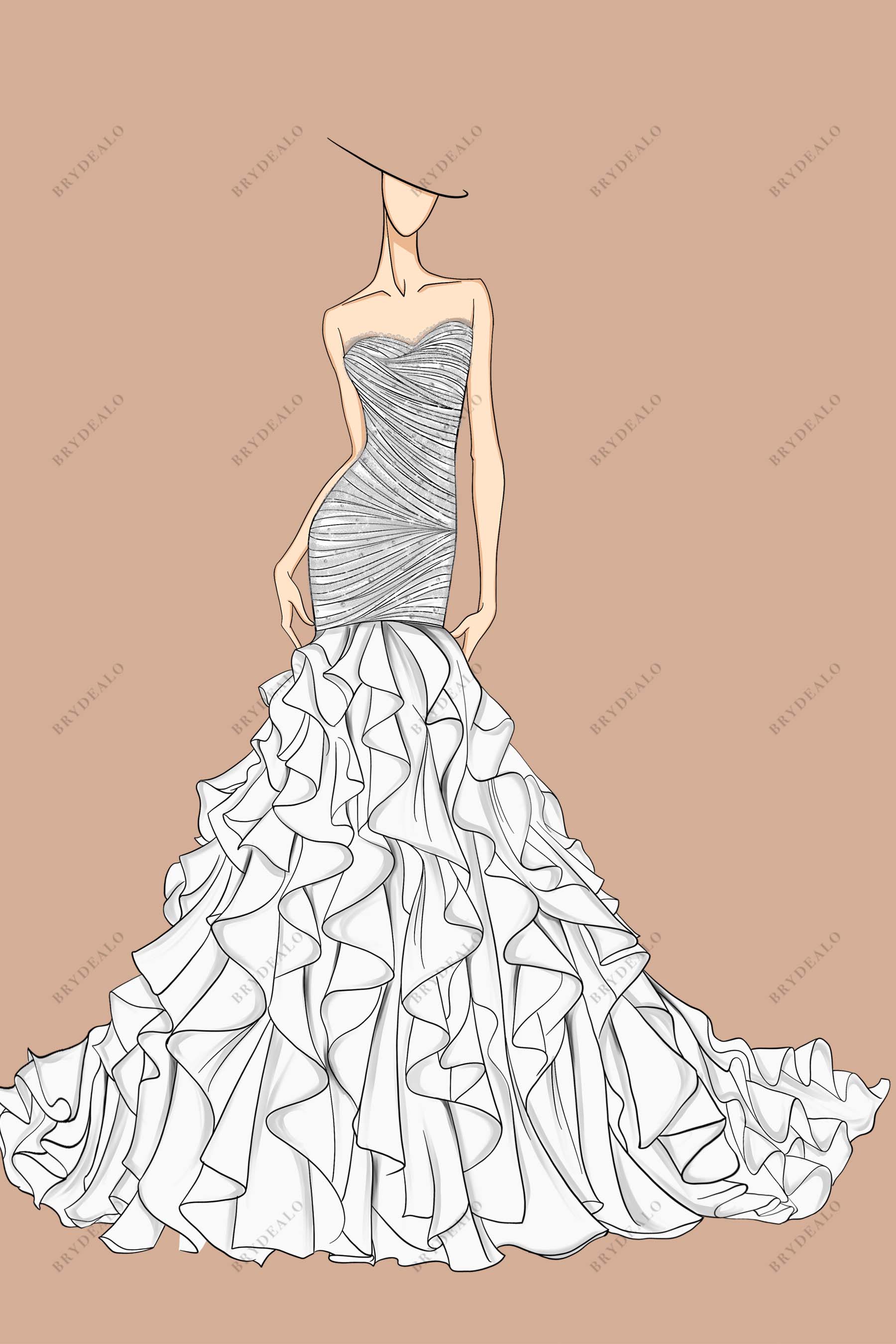 evening dress drawing Strapless Ruched Sweetheart Ruffled Trumpet Wedding Dress Sketch