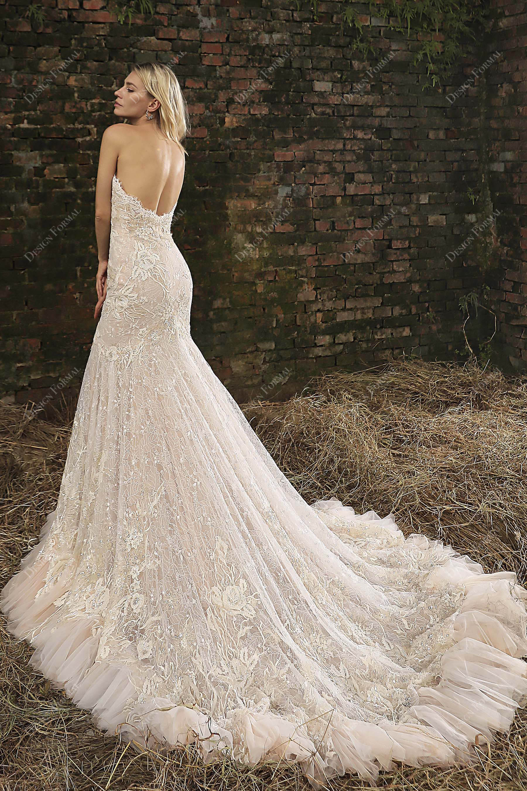 Ruffled Chapel Train Strapless Corset Wedding Dress