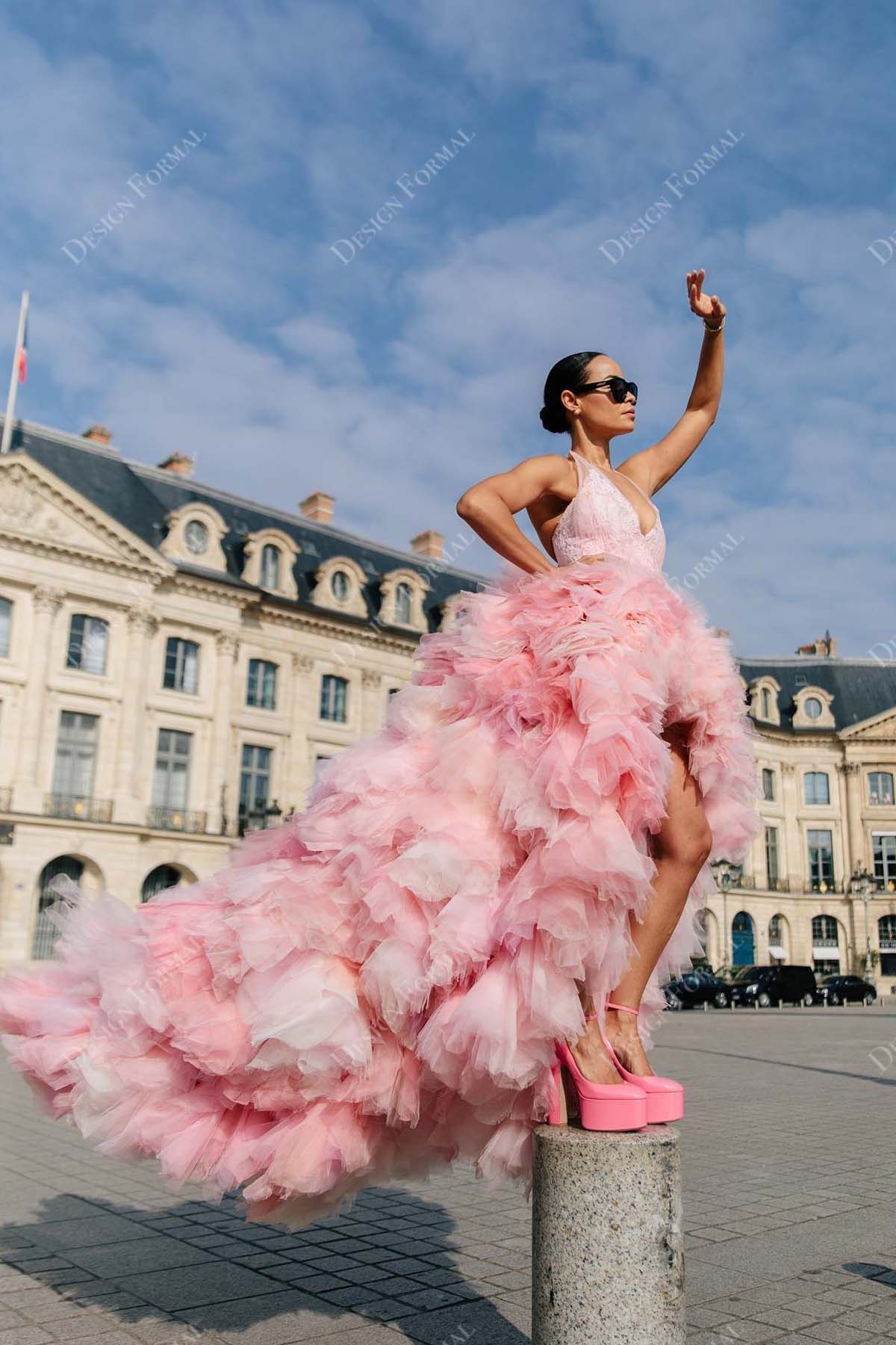 Pink Tulle Custom-Made Ruffled High-Low Lace Halter Plunging Prom Dress Pink Tulle Custom-Made Ruffled High-Low Lace Halter Plunging Prom Dress