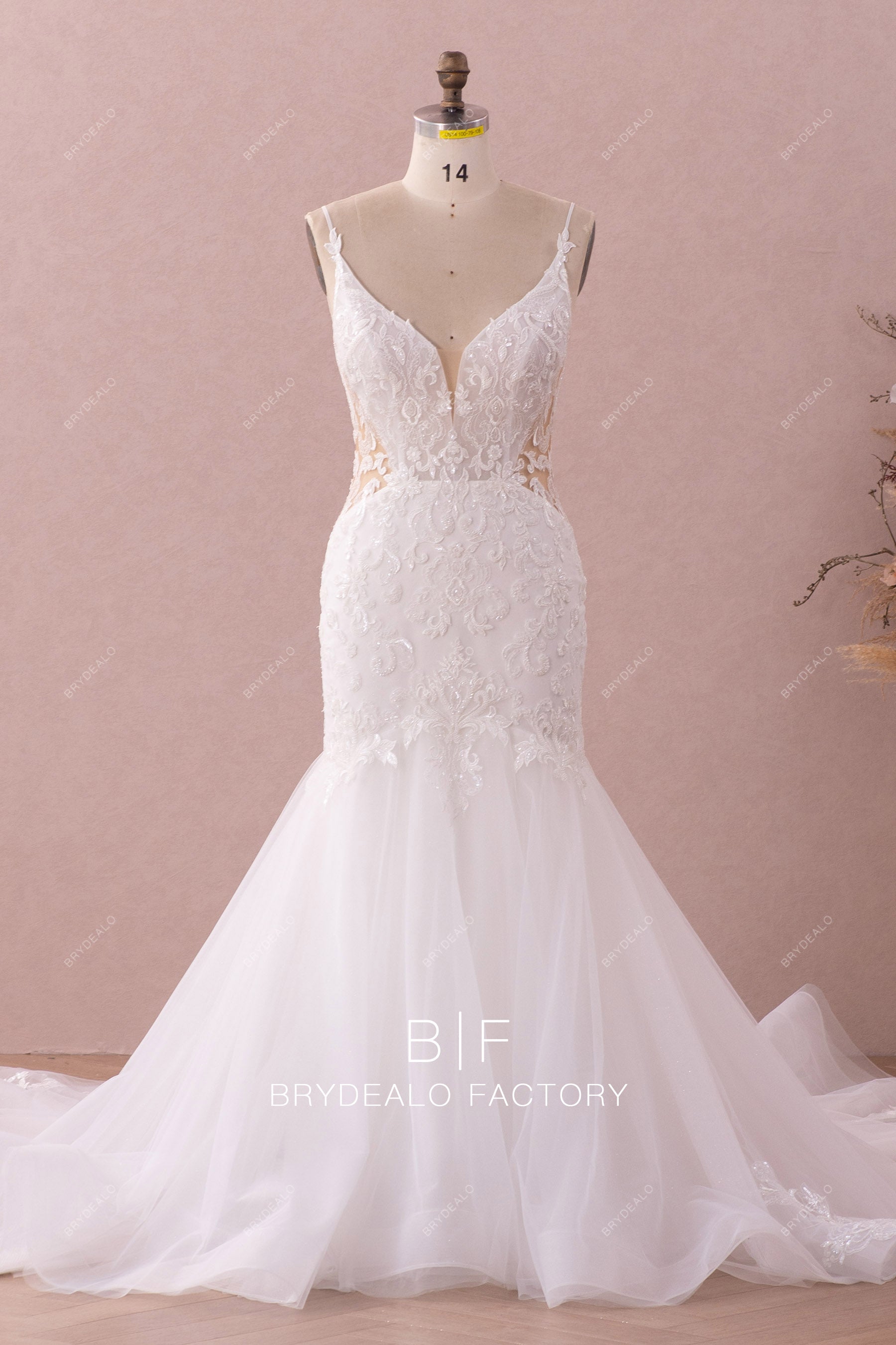 Plunging Unique Sequined Lace Ruffled Organza Trumpet Formal Gown