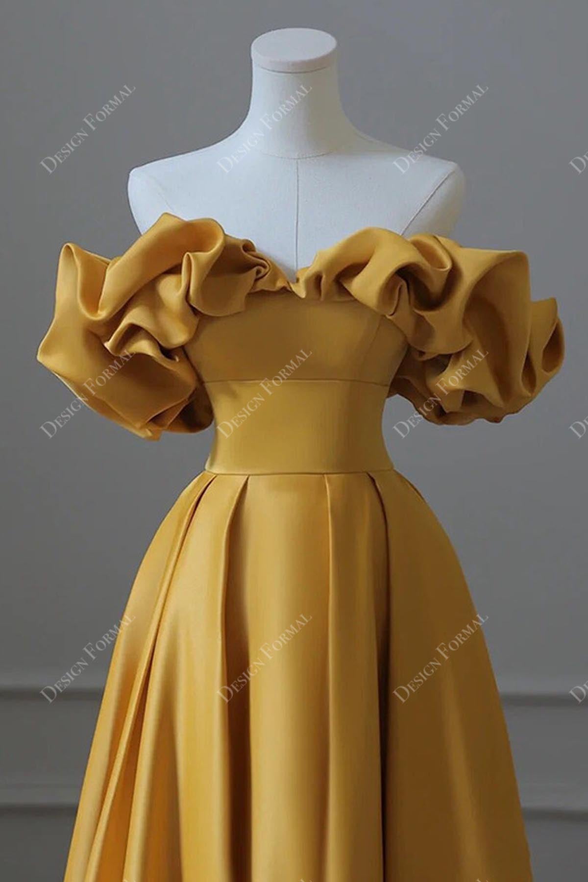 ruffled off shoulder satin evening dress