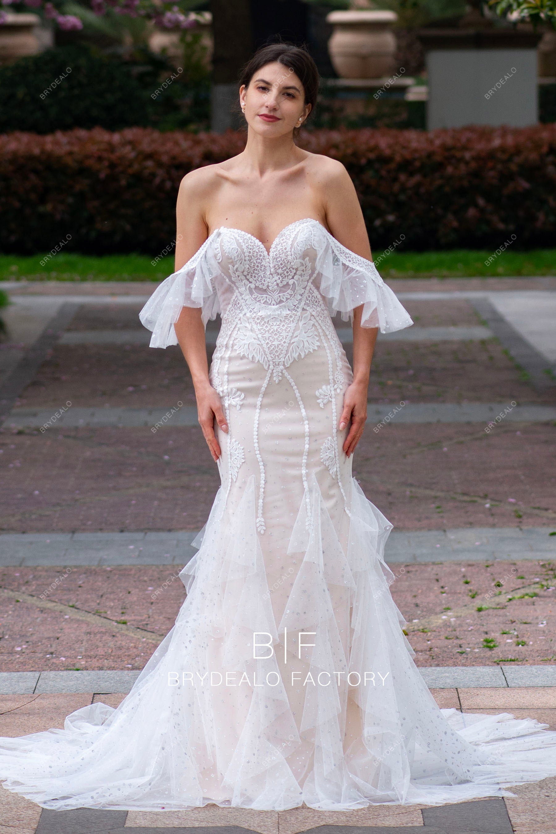 Designer Ruffled Off Shoulder Lace Shimmery Destination Bridal Dress, Nude Pink
