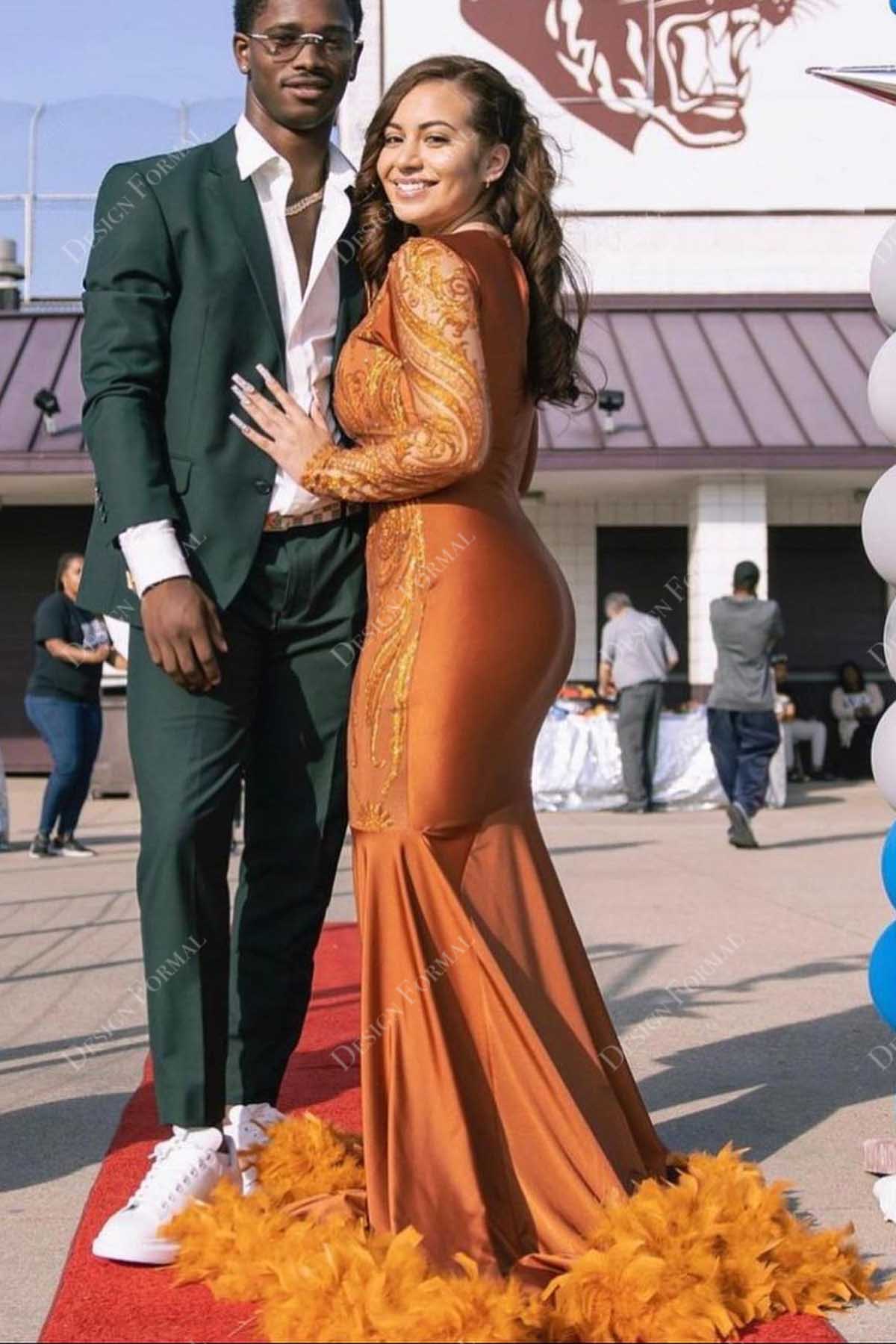 rust feathered mermaid sequined sleeve jersey prom gown