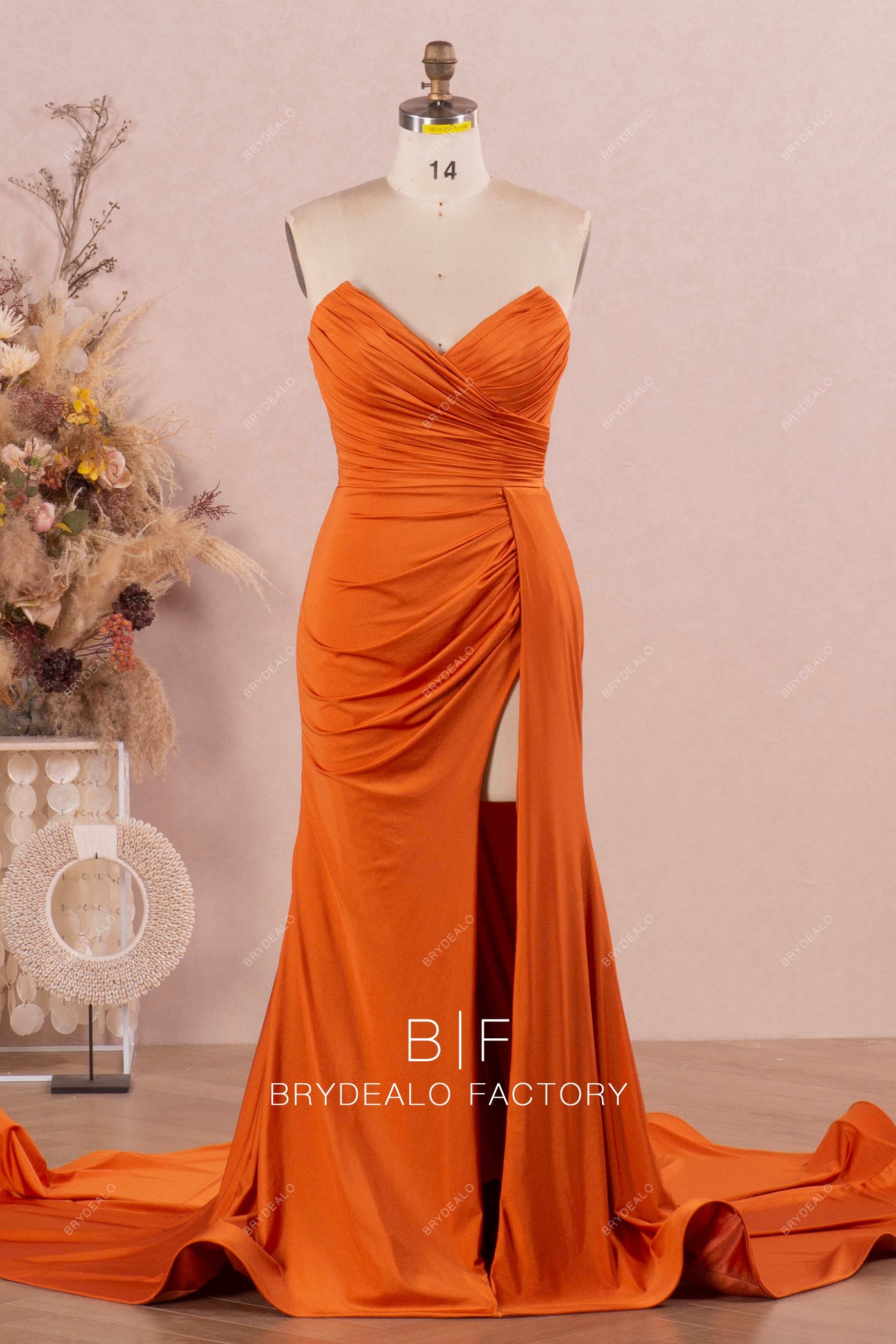 Rusty Strapless V Neck Ruched Spandex Slit Bridesmaid Prom Dress Rusty Strapless V Neck Ruched Spandex Slit Bridesmaid Prom Dress
