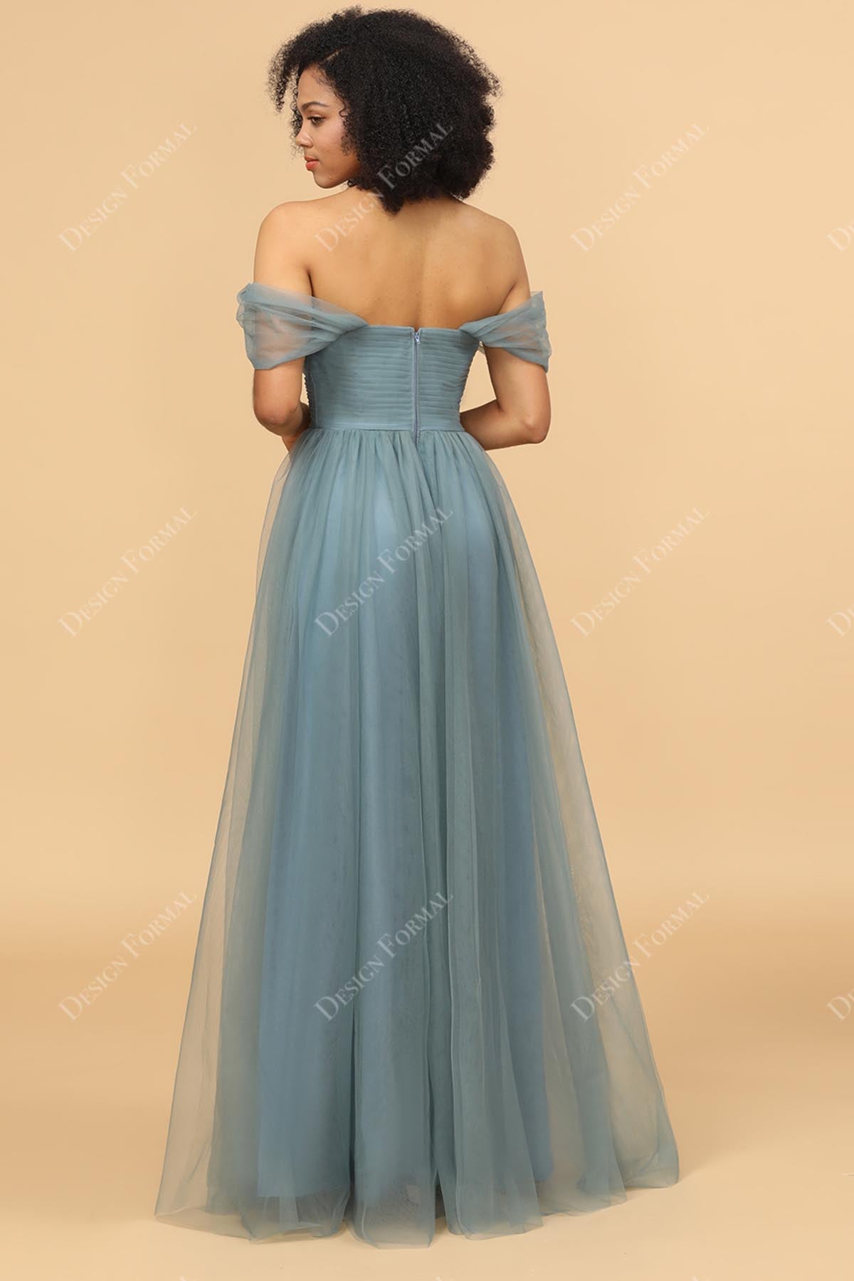 sage floor length A-line tulle bridesmaid dress