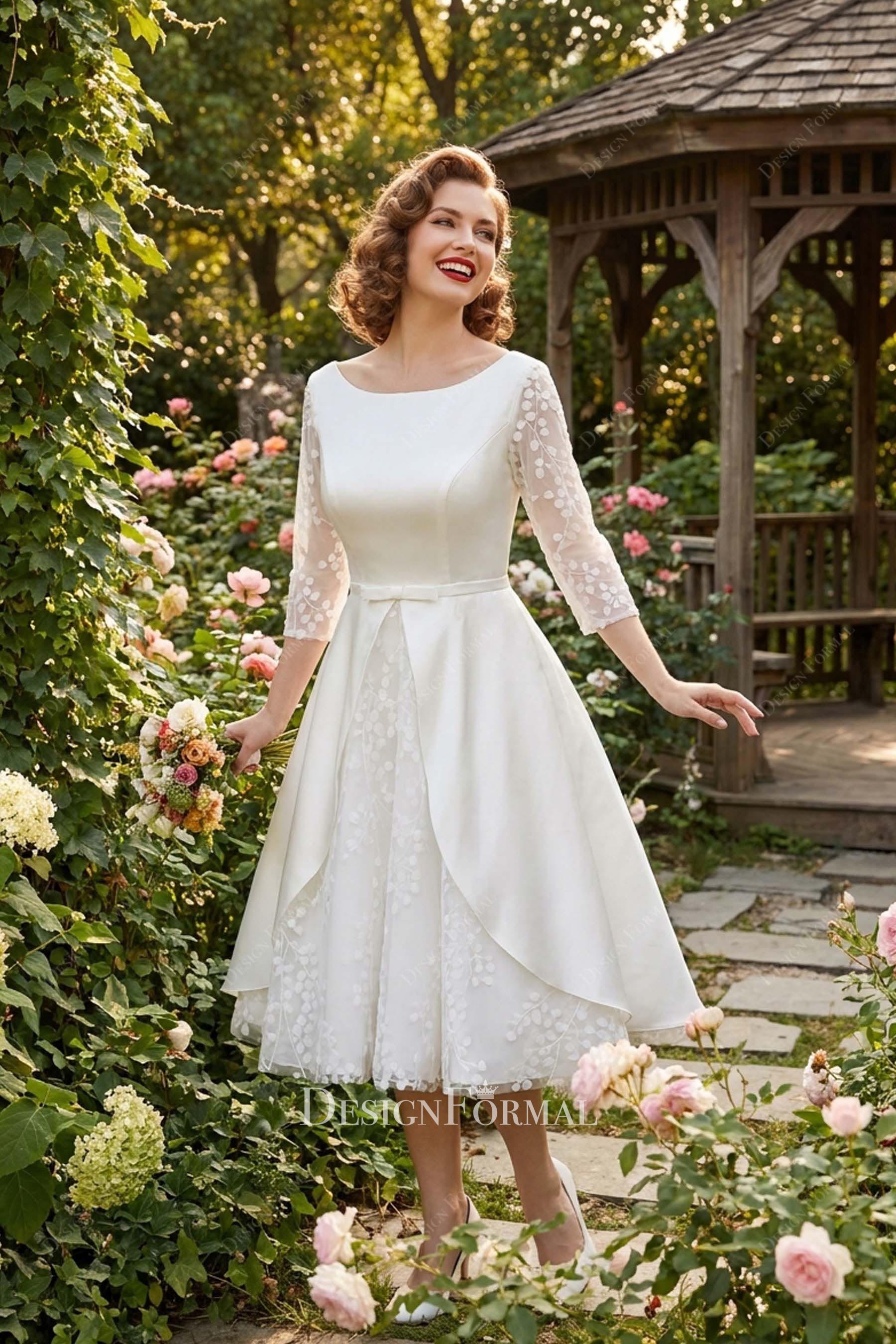 refined satin lace tea length elegant bridal dress