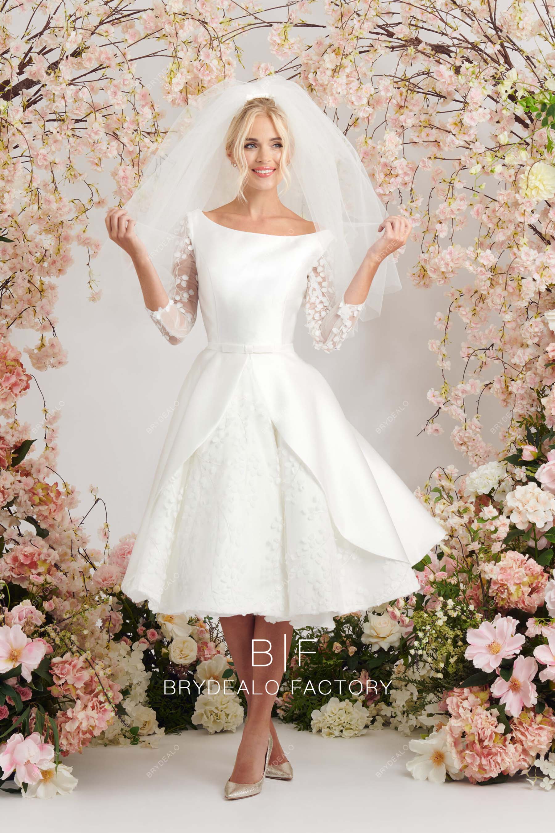 Illusion 3/4 Sleeves Custom Lace Satin Boat Neck Short Bridal Dress