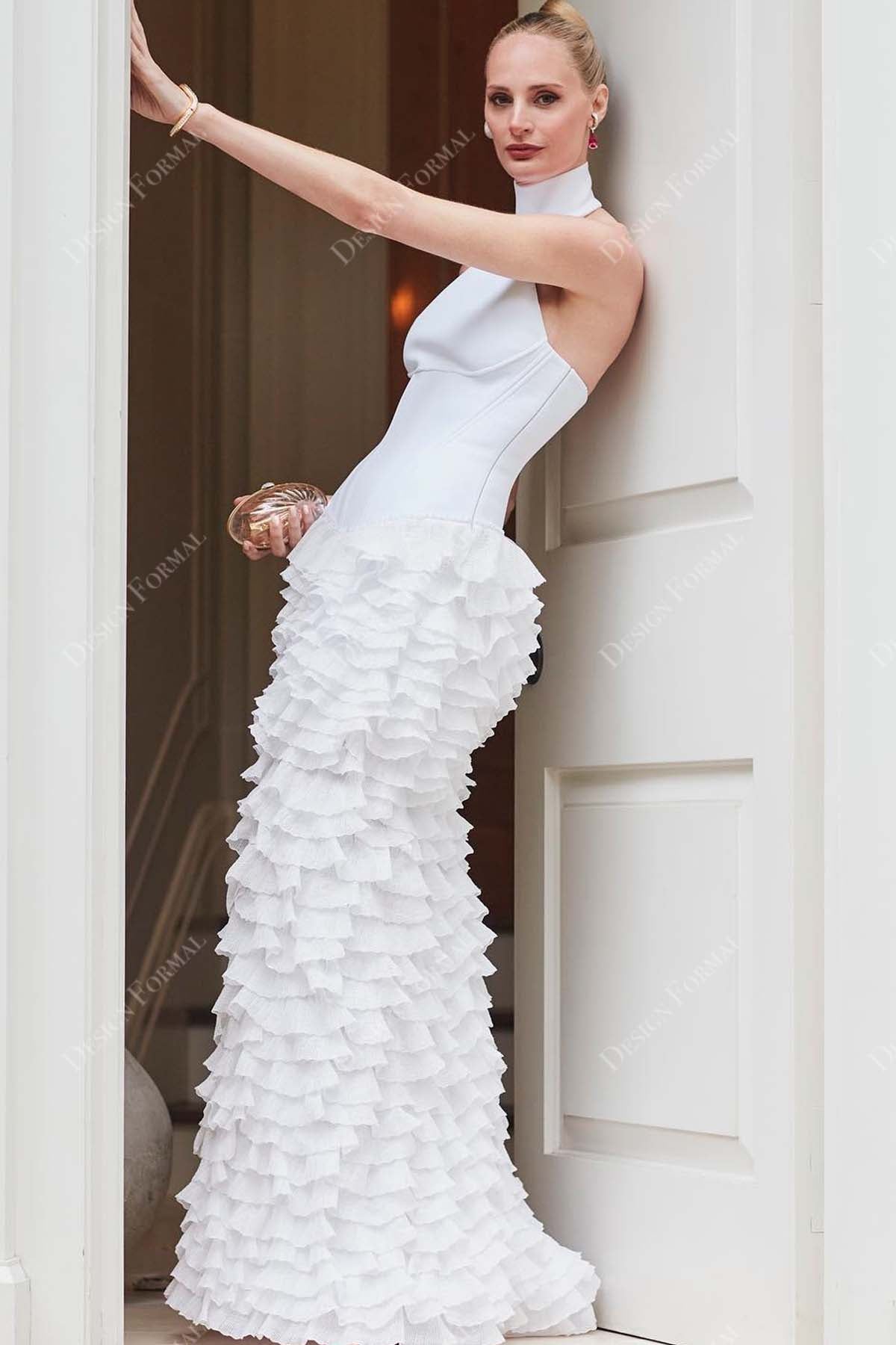 sleeveless ivory high neck satin ruffled tulle sheath wedding long gown