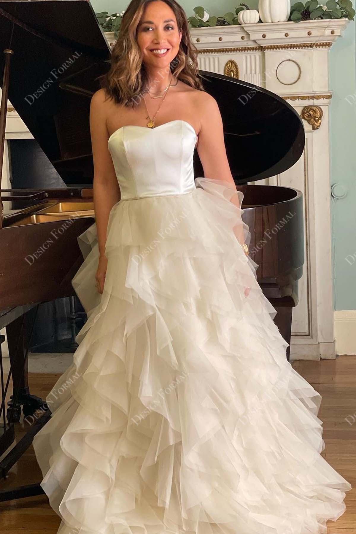 satin ruffled tulle strapless sweetheart neck wedding dress