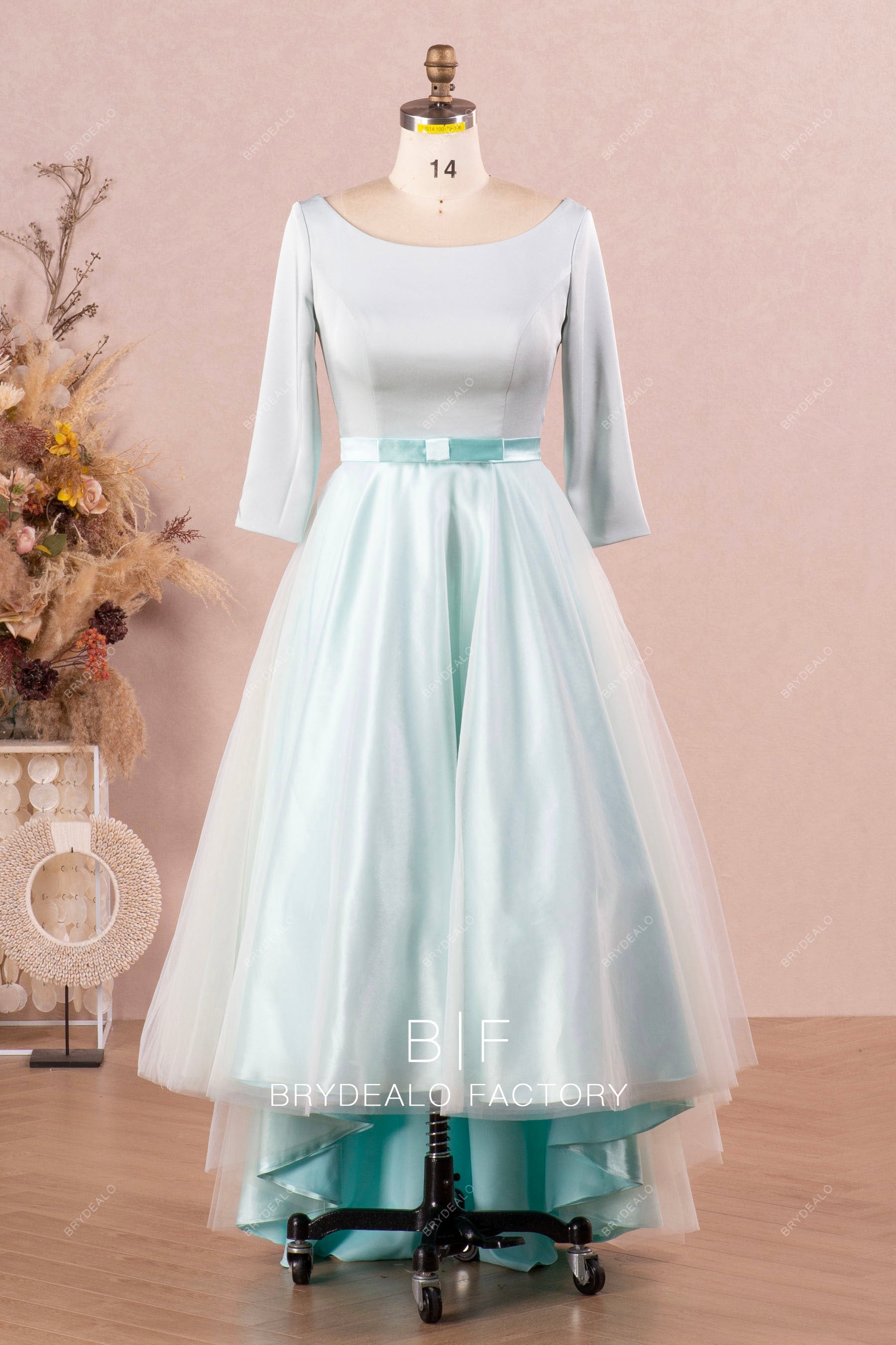 ice blue satin 3/4 sleeve bowknot high-low wedding dress