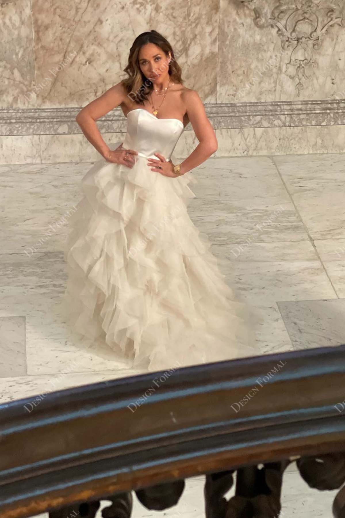 satin strapless sweetheart neck tulle ruffled bridal dress