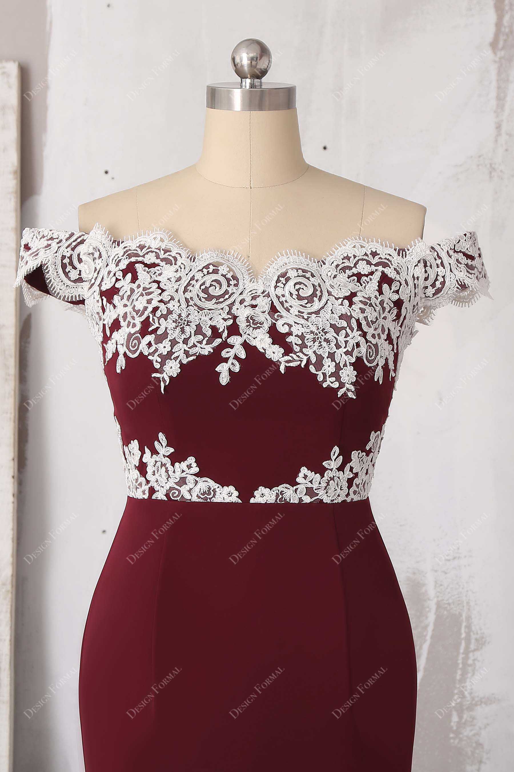 scalloped ivory lace off-shoulder prom dress