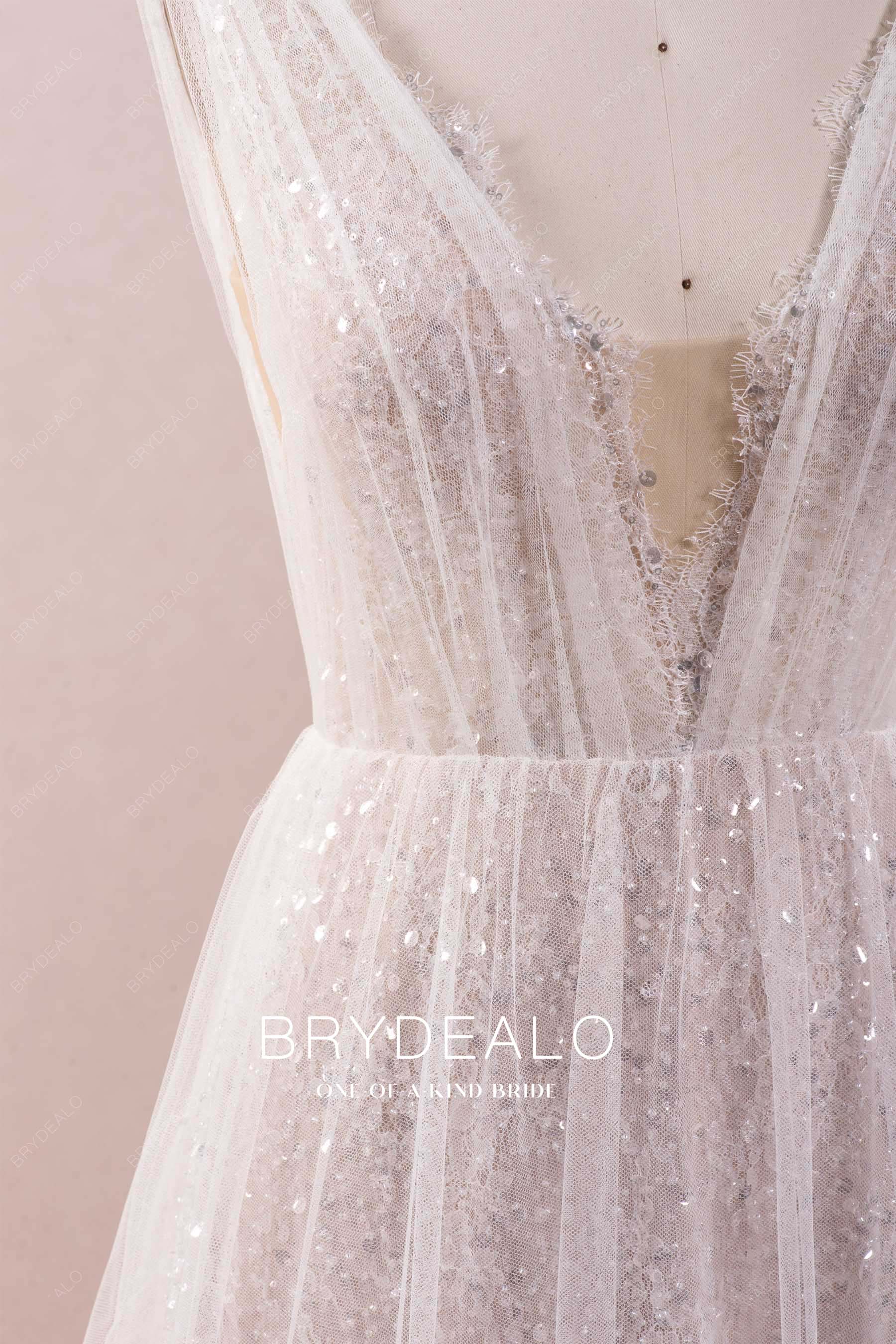 scalloped neck modern boho wedding dress