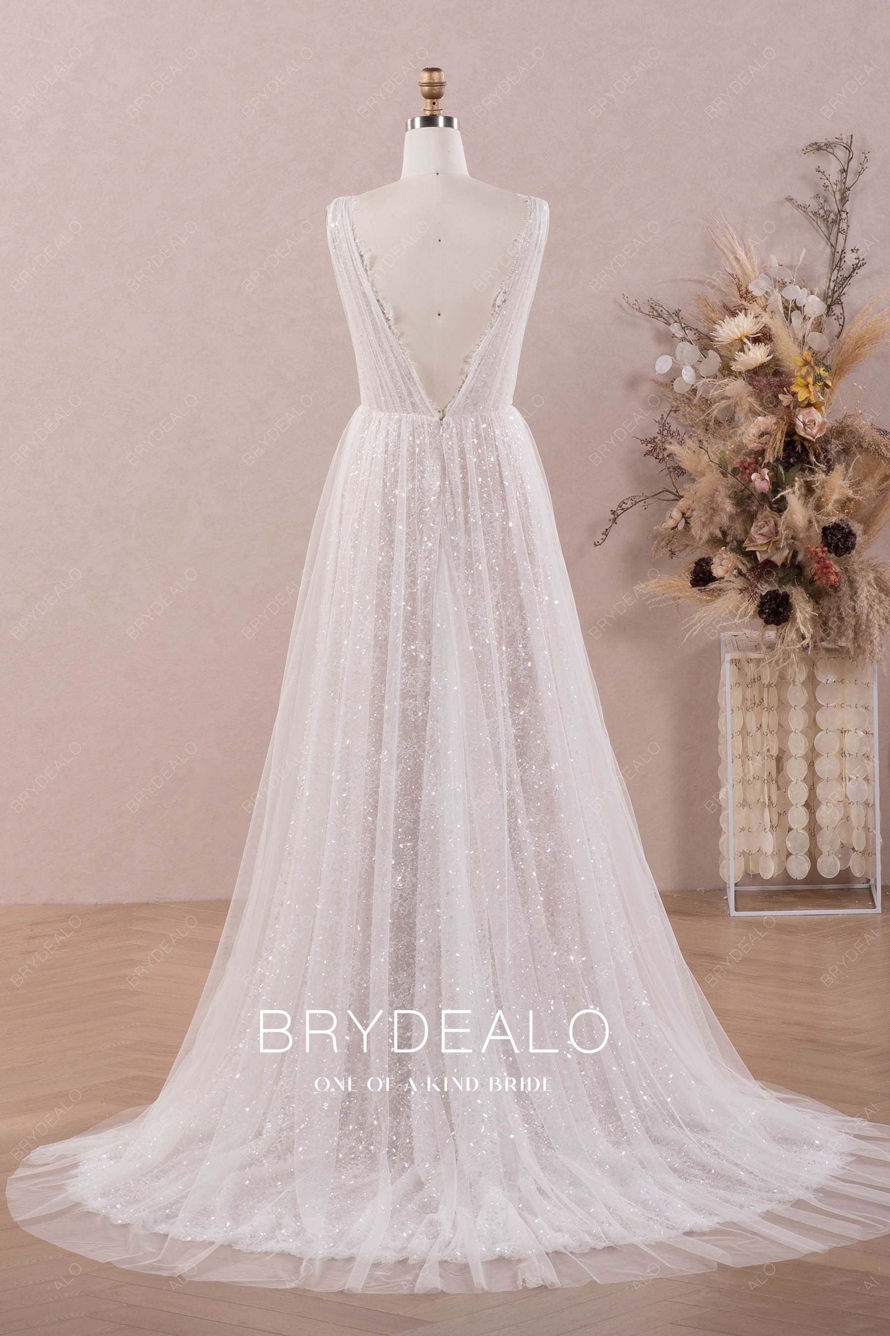scalloped V-back long train A-line destination wedding gown