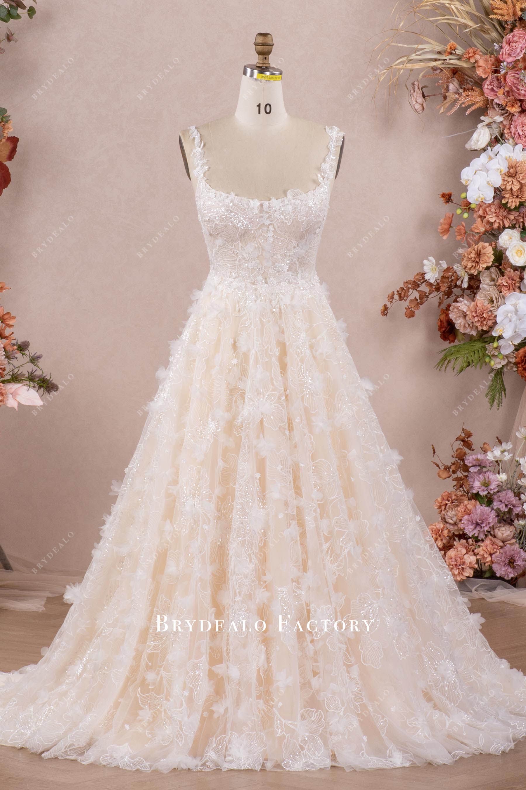 white wedding dress with floral embroidery Designer 3D Flowers Lace Scoop Neck Long Destination Wedding Dress, White