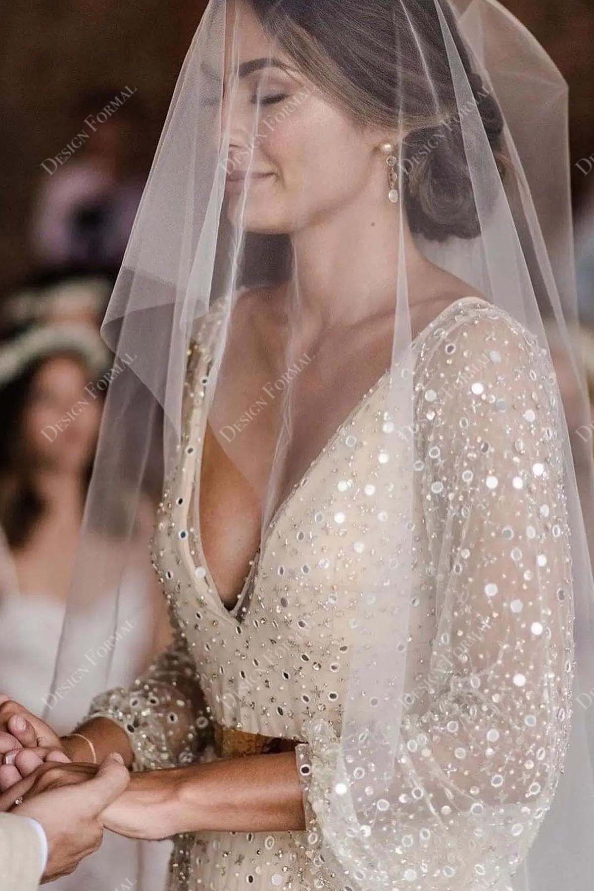 sequin V-neck illusion sleeves wedding gown