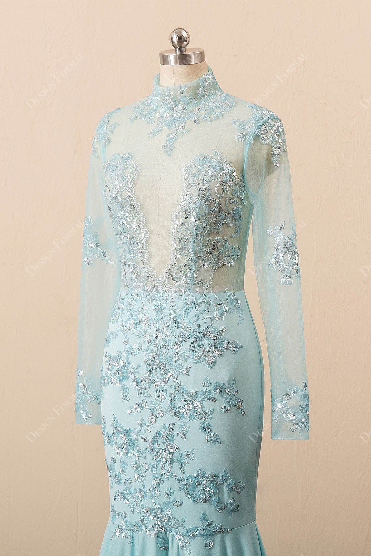 sequin illusion bodice with high neck and long sleeves
