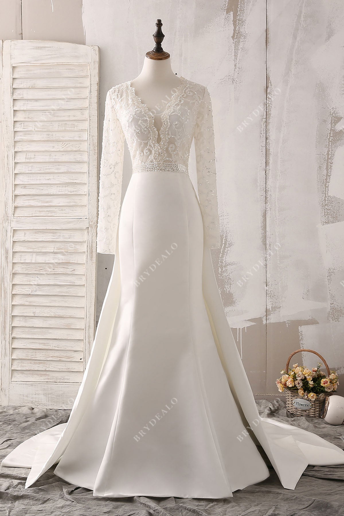 Plunging Neck Lace Mermaid Modern Satin Overskirt Wedding Dress