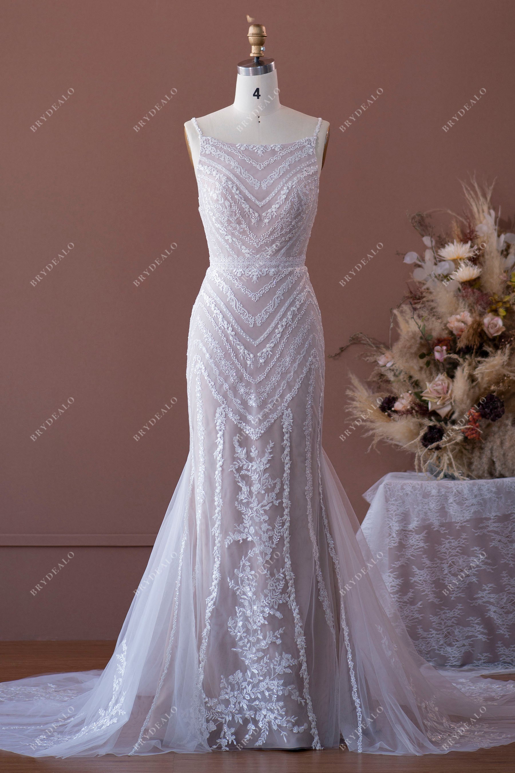 Designer Sequin Lace Nude Beige Spaghetti Straps Mermaid Bridal Dress, Nude Beige Designer Sequin Lace Nude Beige Spaghetti Straps Mermaid Bridal Dress, Nude Beige