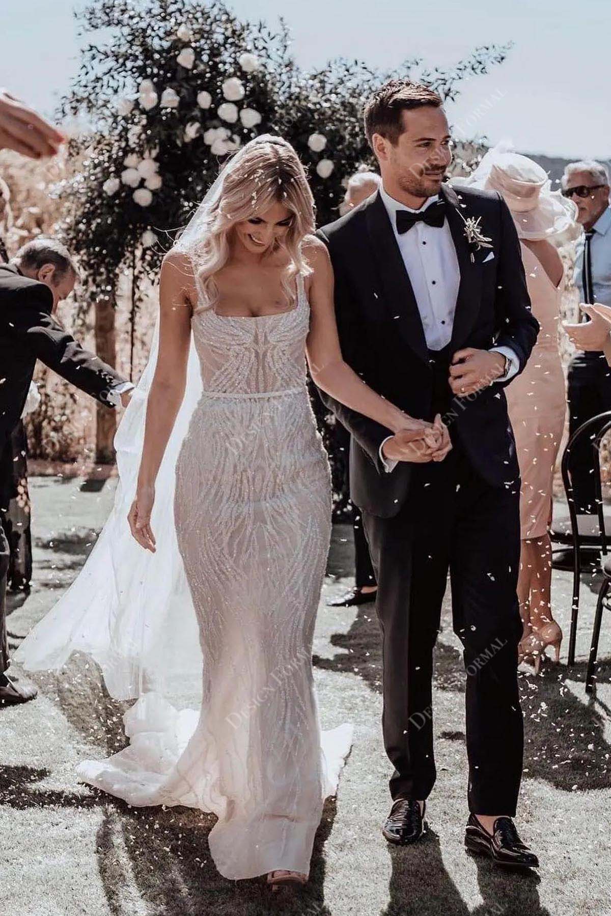 sequin lace square neck straps mermaid bridal dress