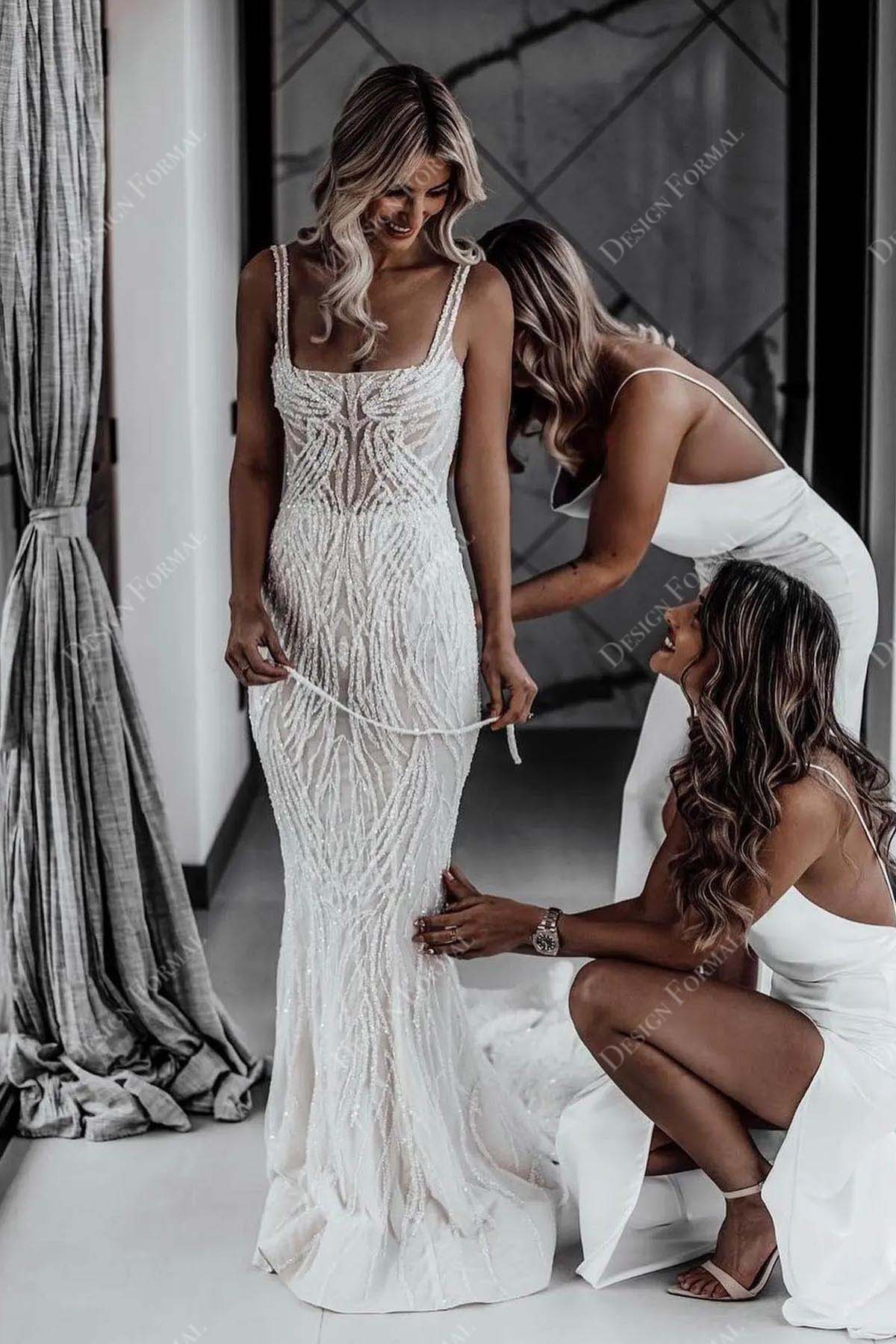 Sequin Lace Square Neck Straps Customized Wedding Dress Sequin Lace Square Neck Straps Customized Wedding Dress