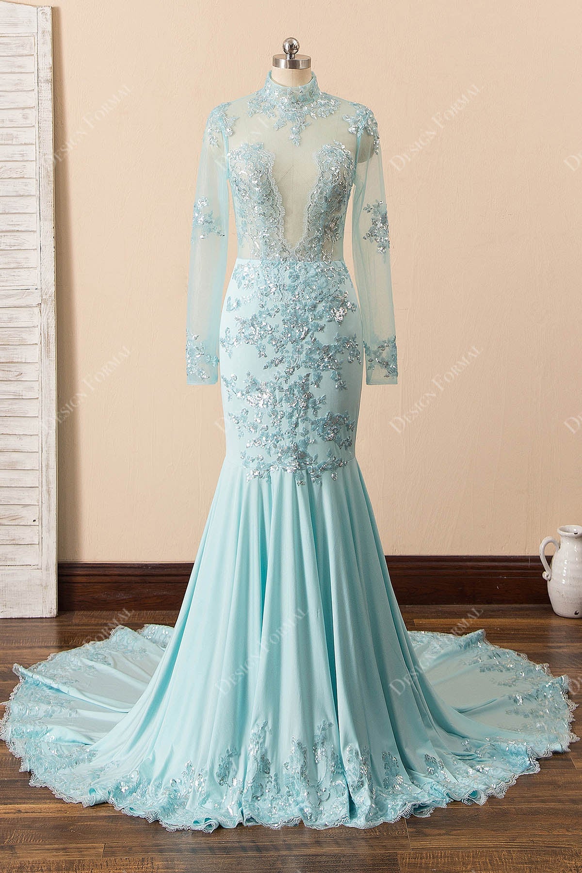Sequin Turquoise Illusion Mermaid Sexy Plunging Long Sleeve Prom Dress Sequin Turquoise Illusion Mermaid Sexy Plunging Long Sleeve Prom Dress