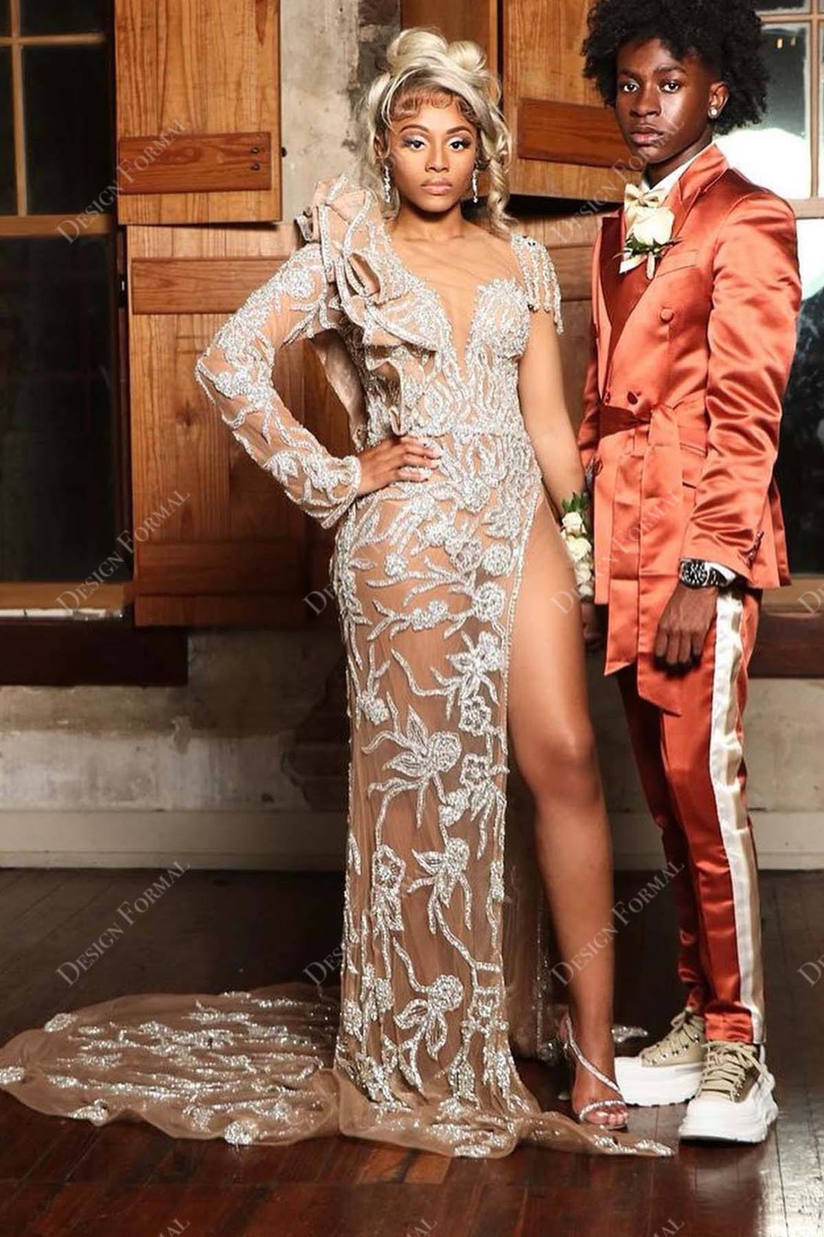 Glitter One Ruffled Sleeve Illusion Custom Slit Mermaid Prom Dress Glitter One Ruffled Sleeve Illusion Custom Slit Mermaid Prom Dress