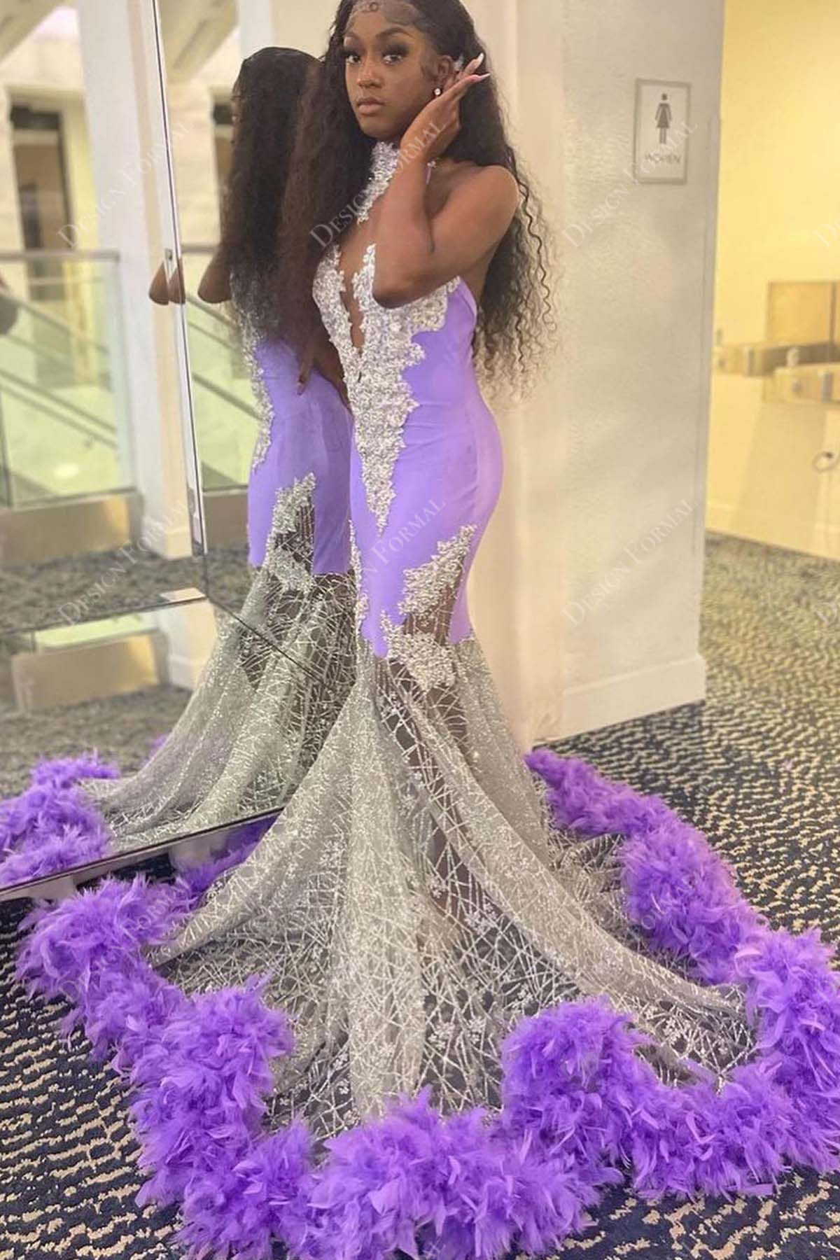 sequin violet feather sheer mermaid prom gown