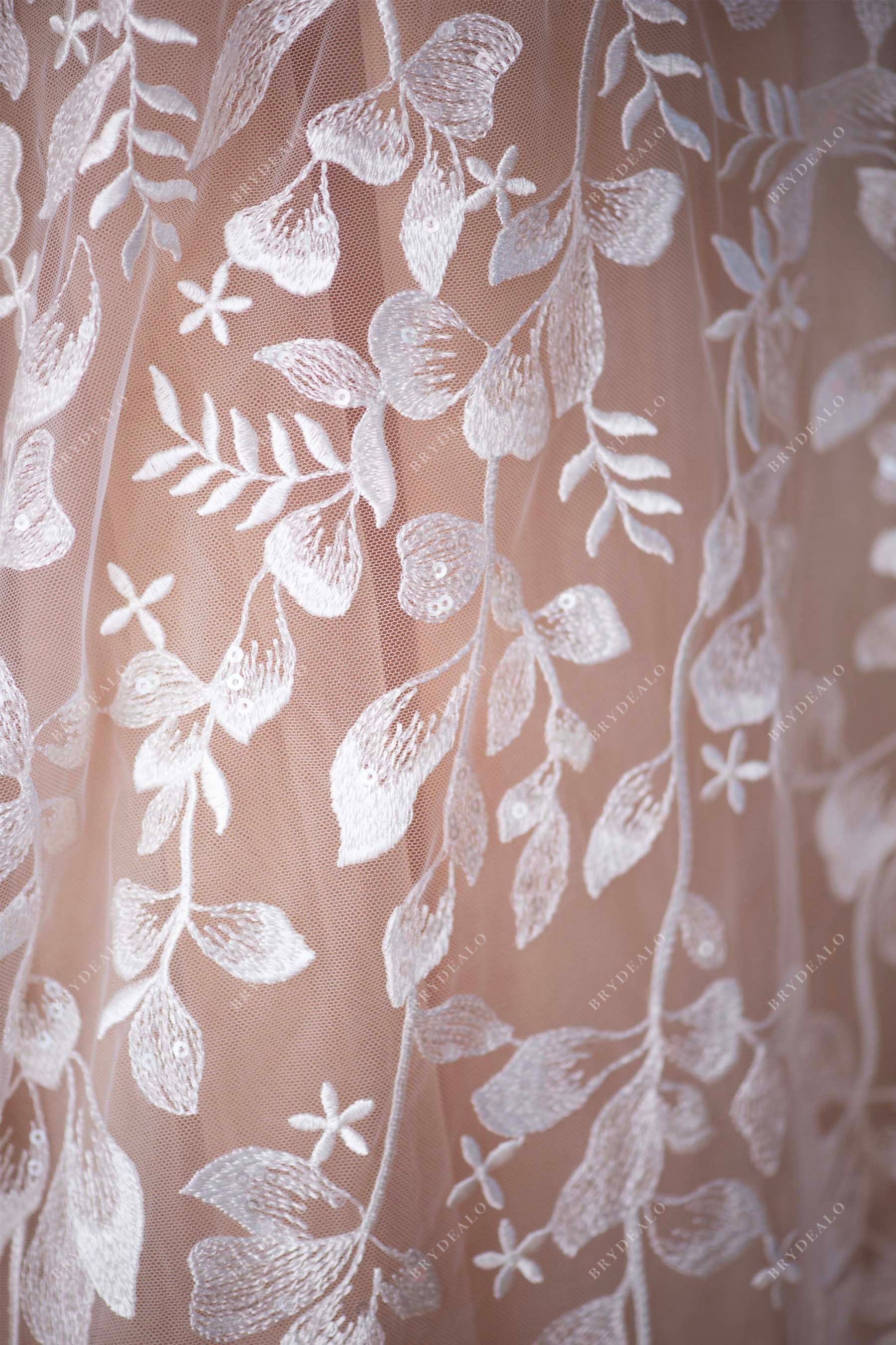 shimmery sequined flower leaf lace fabric for romantic dresses